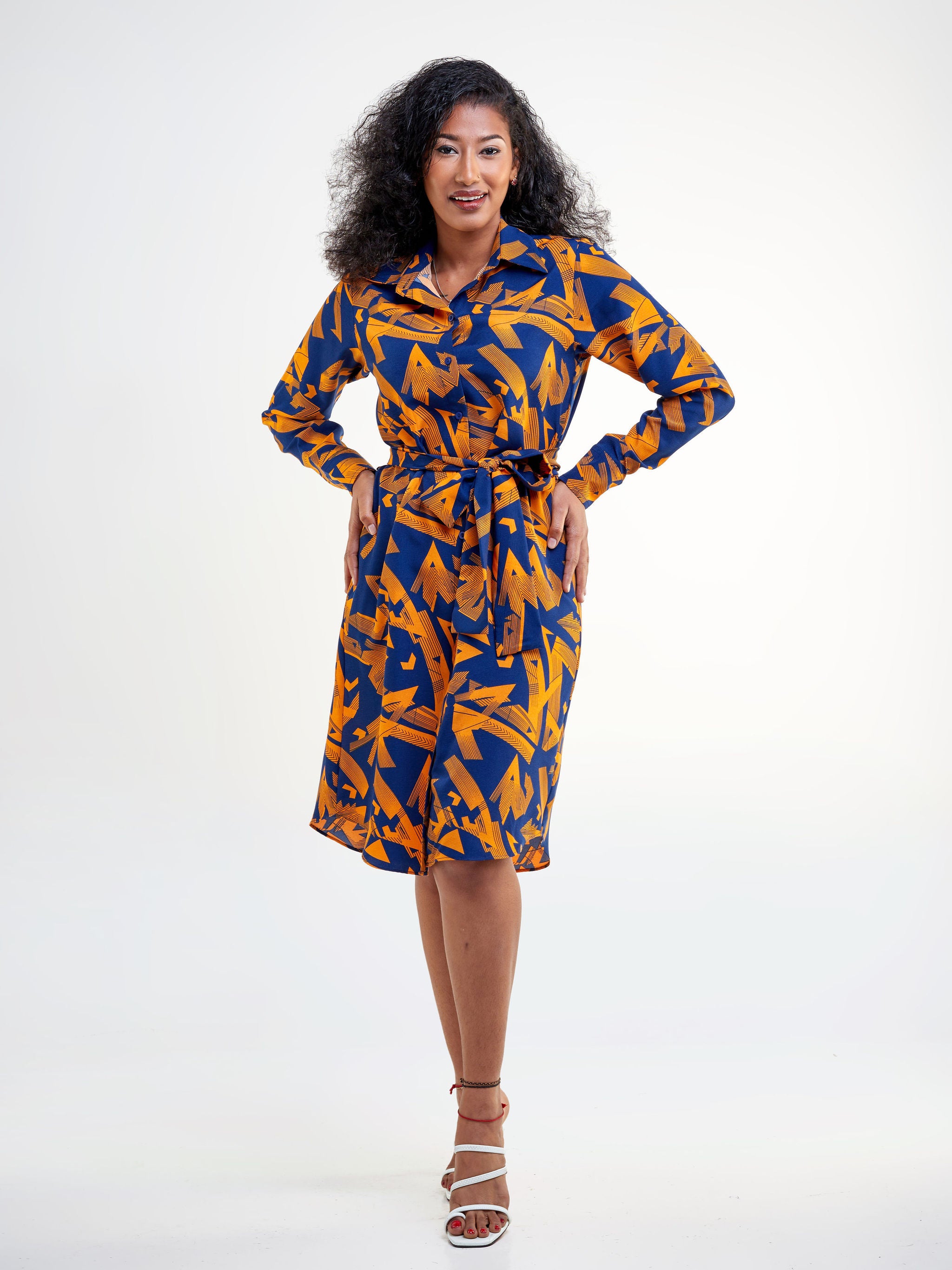 Vivo Basic Knee Length Shirt Dress Orange Navy Blue Geometric Prin Vivo Fashion Group Kenya