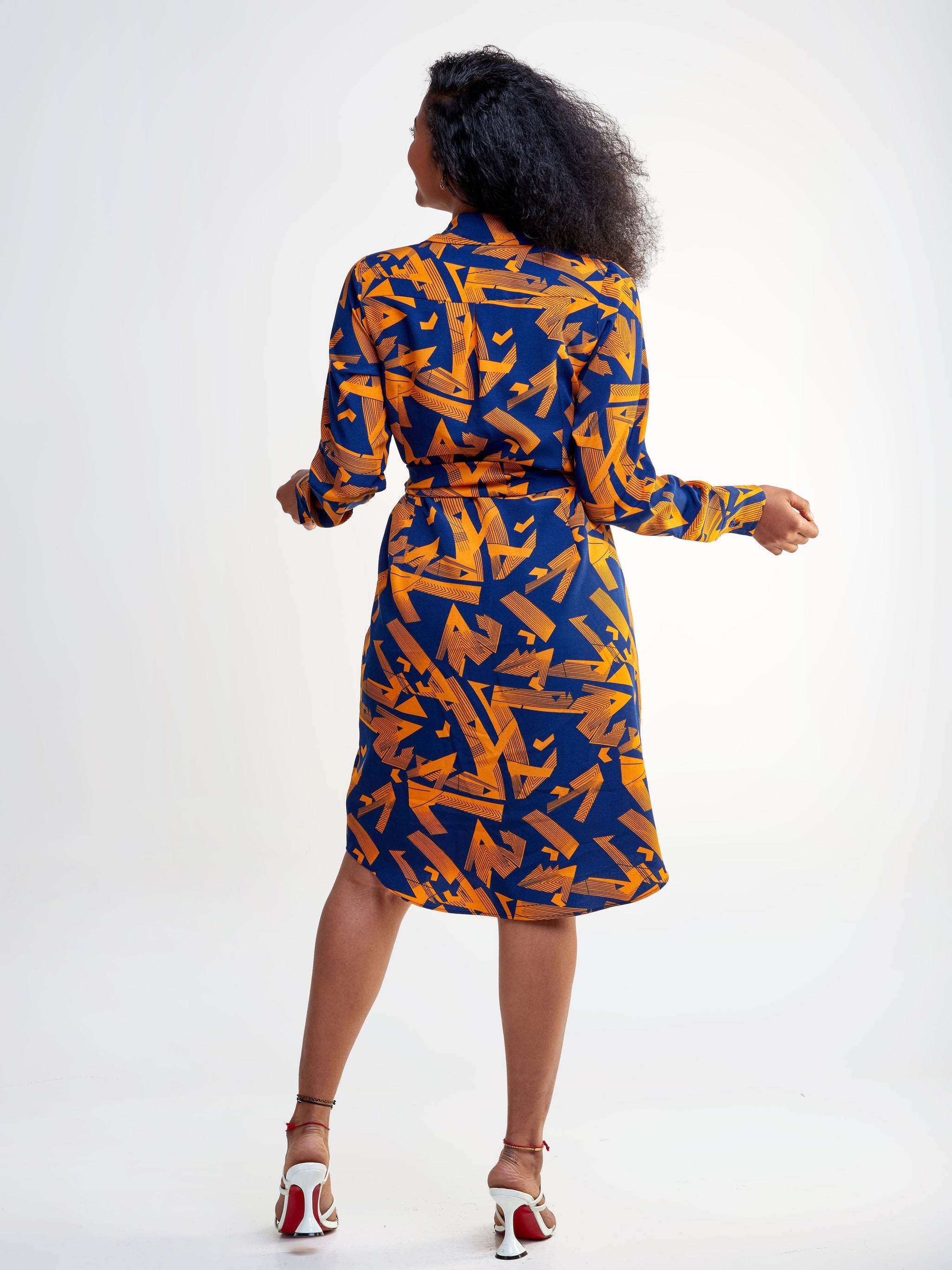 Vivo Basic Knee Length Shirt Dress - Orange / Navy Blue Geometric Print