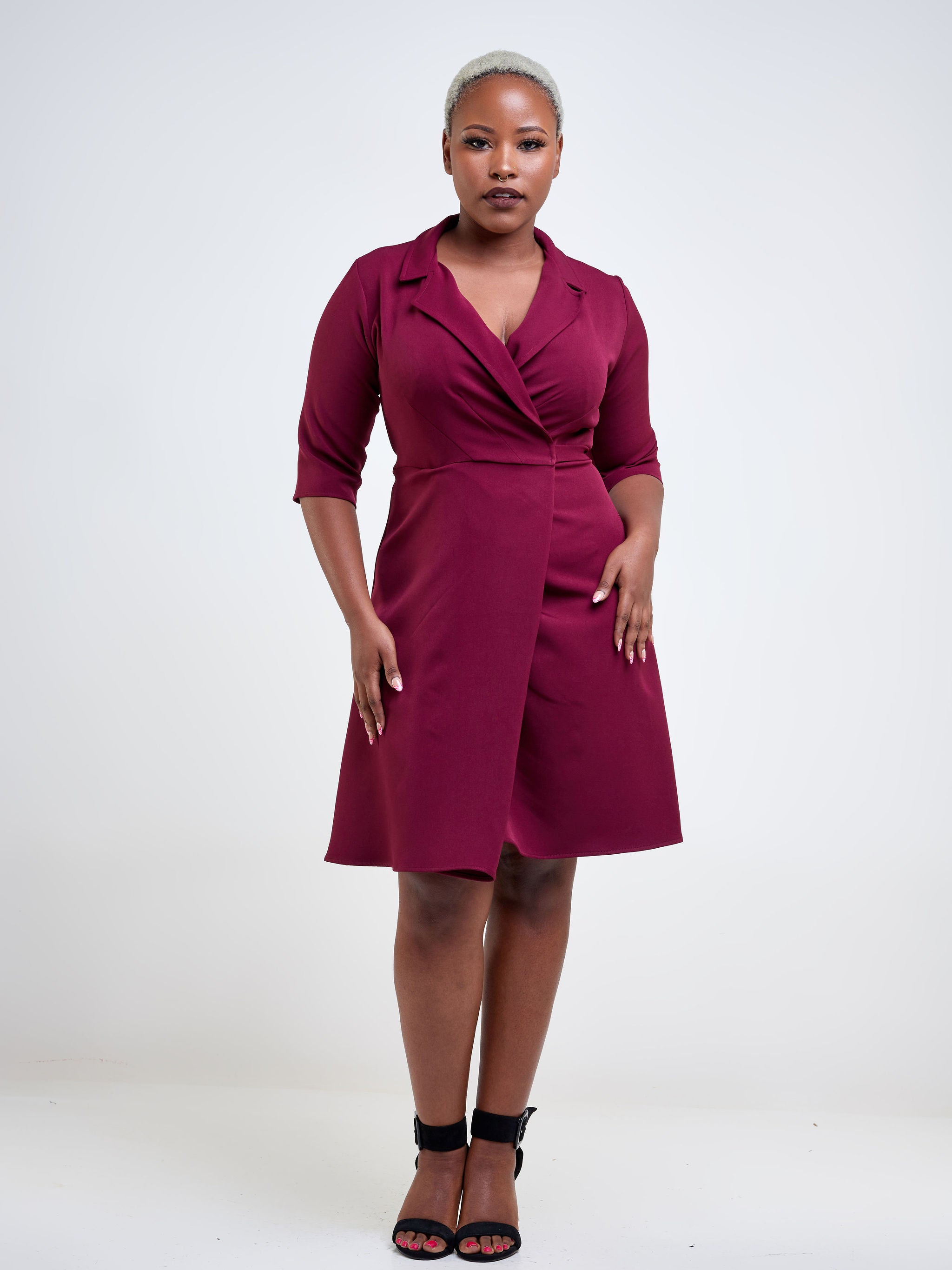 Vivo Taji 3 4 Sleeve Wrap Dress Burgundy Vivo Fashion Group Kenya