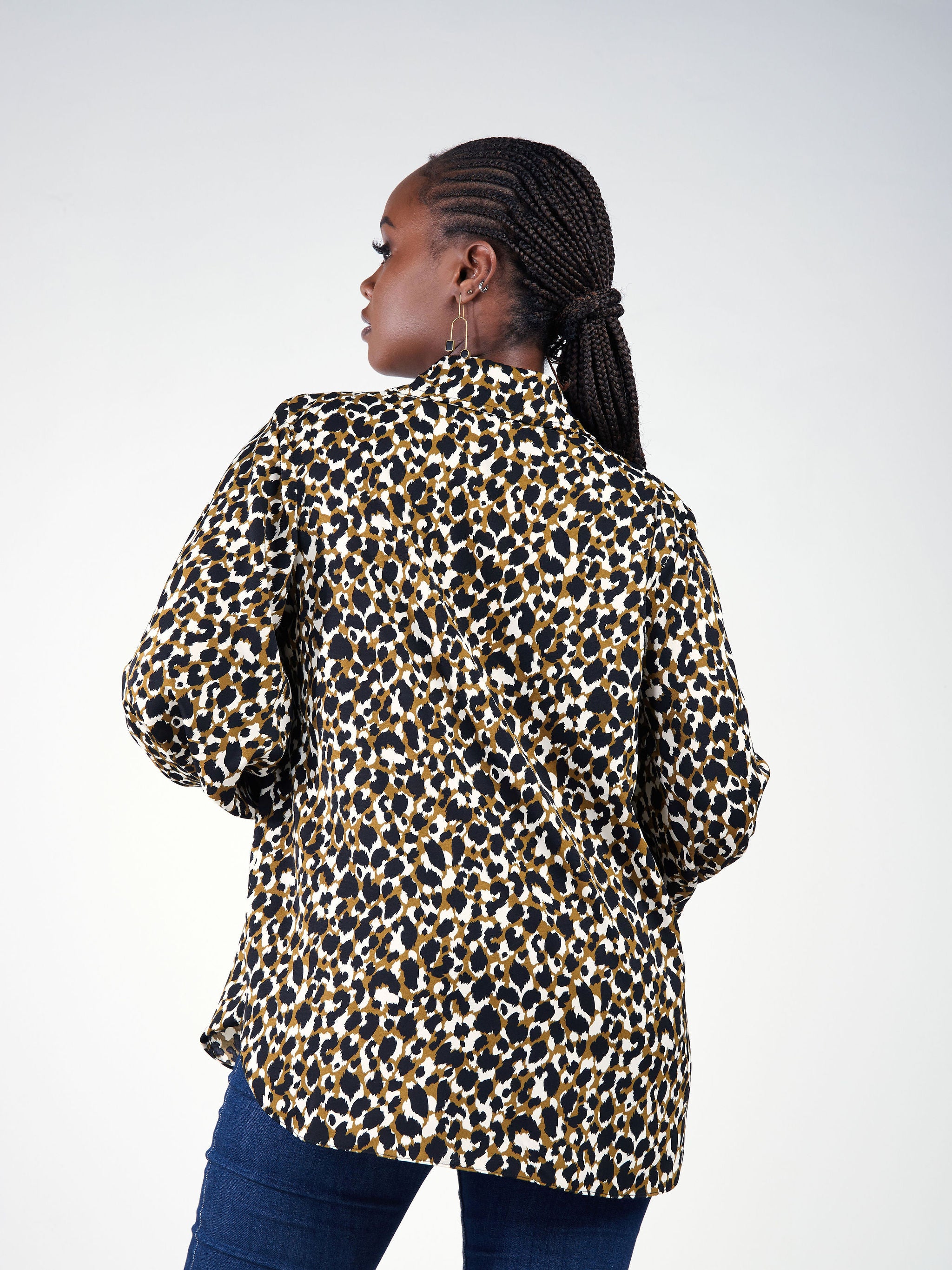 Vivo Raha Bishop Sleeve Shirt - Hunters Green / Black Animal Print