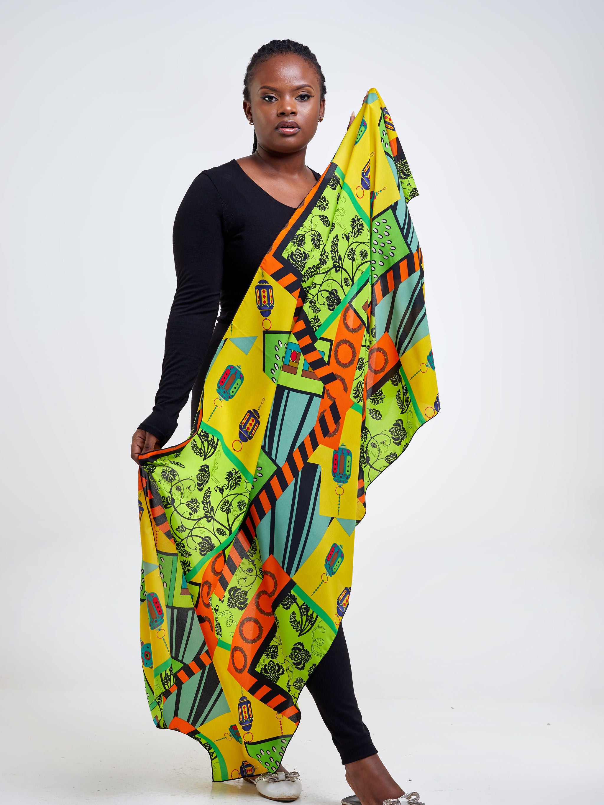 Vivo Basic Crepe Scarf - Black / Green Abstract Print