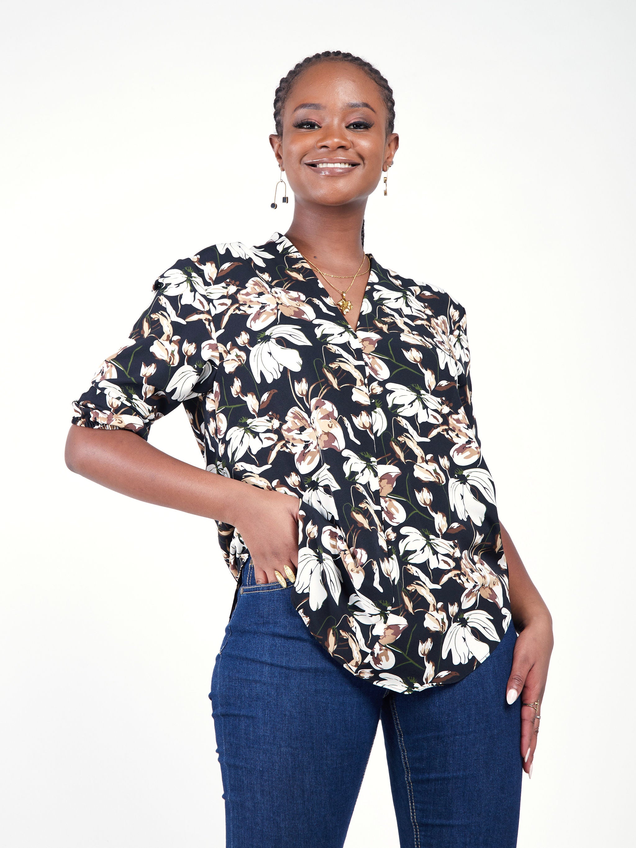 Vivo Dua Shirt - Black / Taupe Floral Print