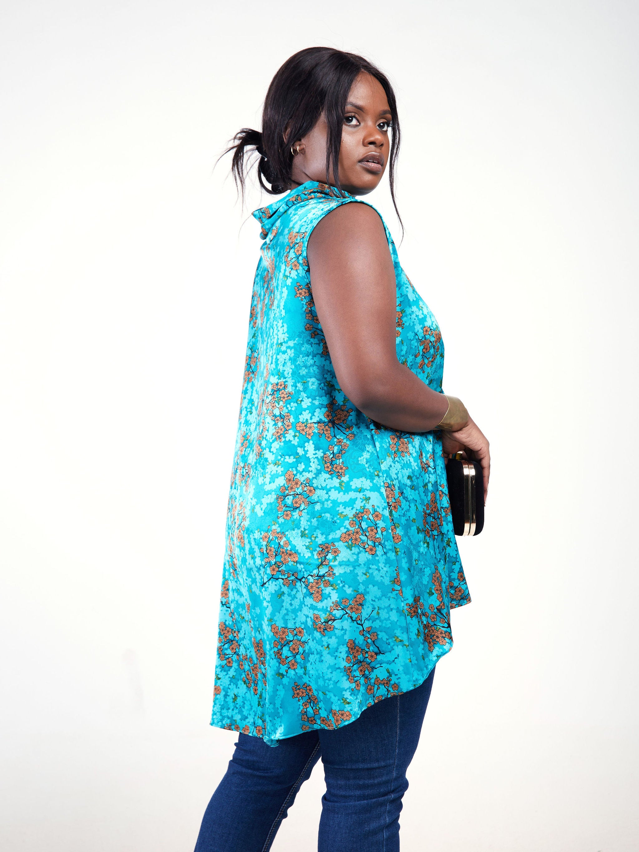 Vivo Bissa High Low Sleeveless Top - Sea Green / Brown Floral Print