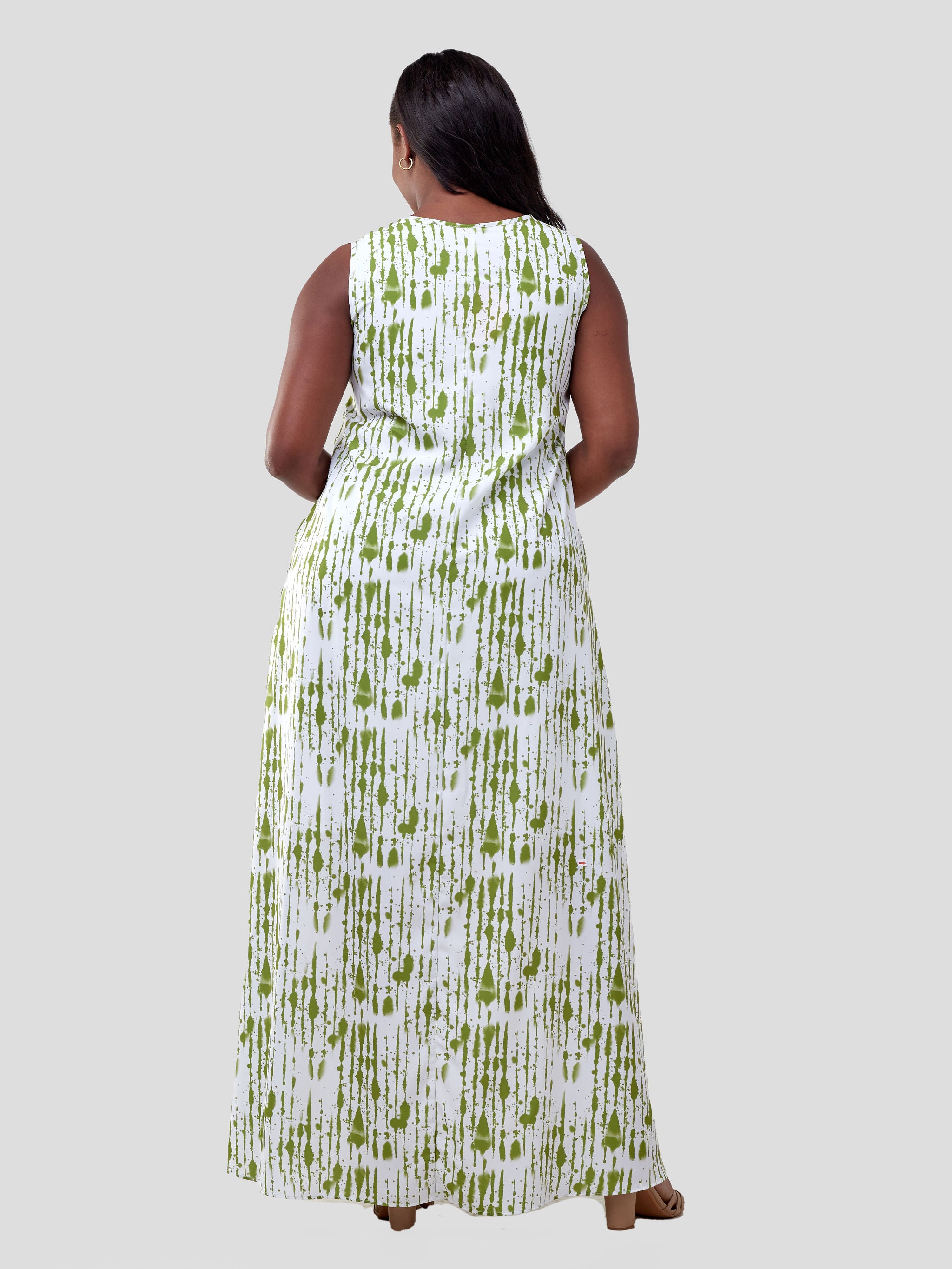 Vivo Basic Sleeveless Tent Maxi Dress - White / Green Print