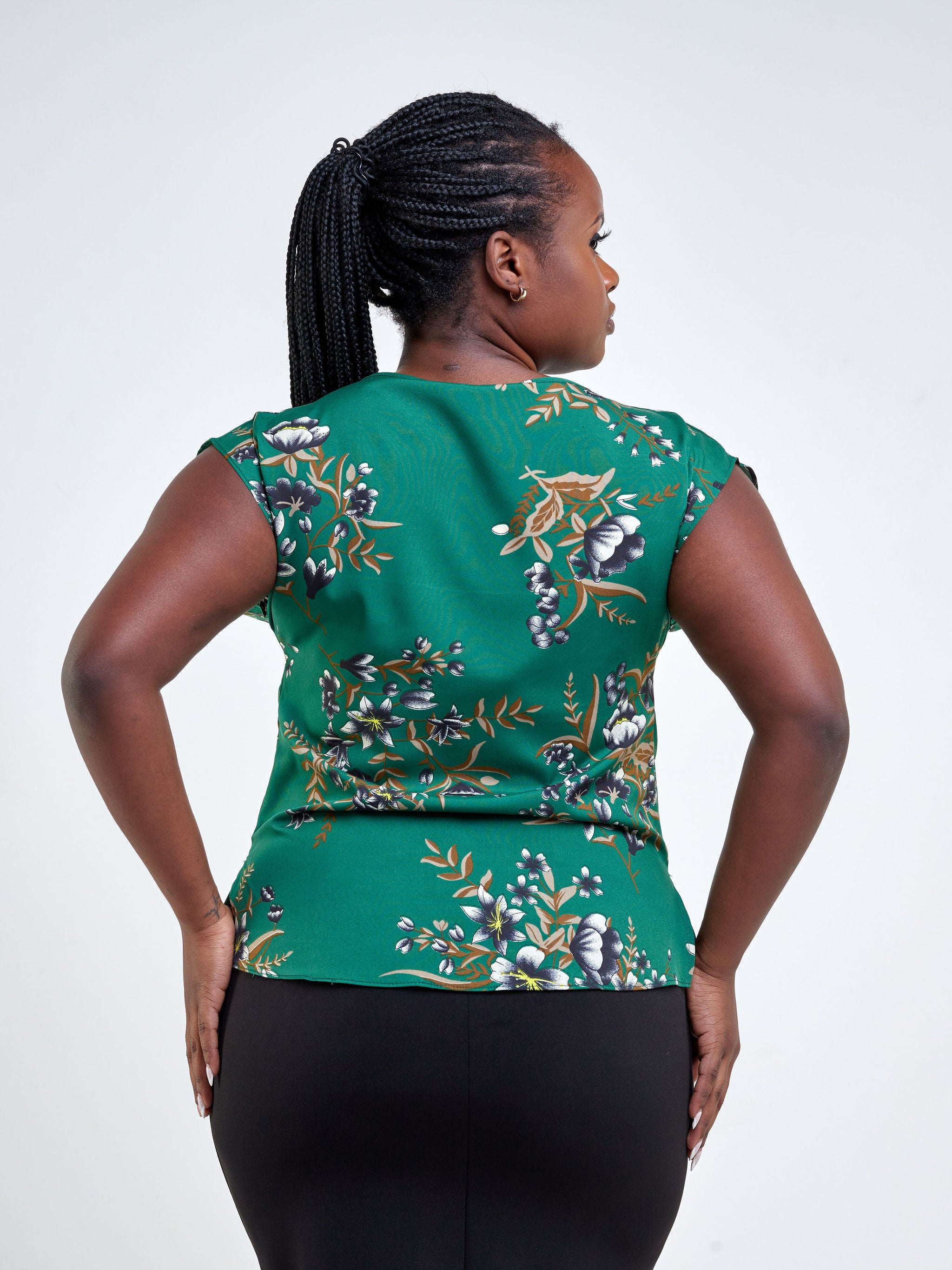 Vivo Fahari Drop Shoulder Cowl Top - Green / Black Floral Print