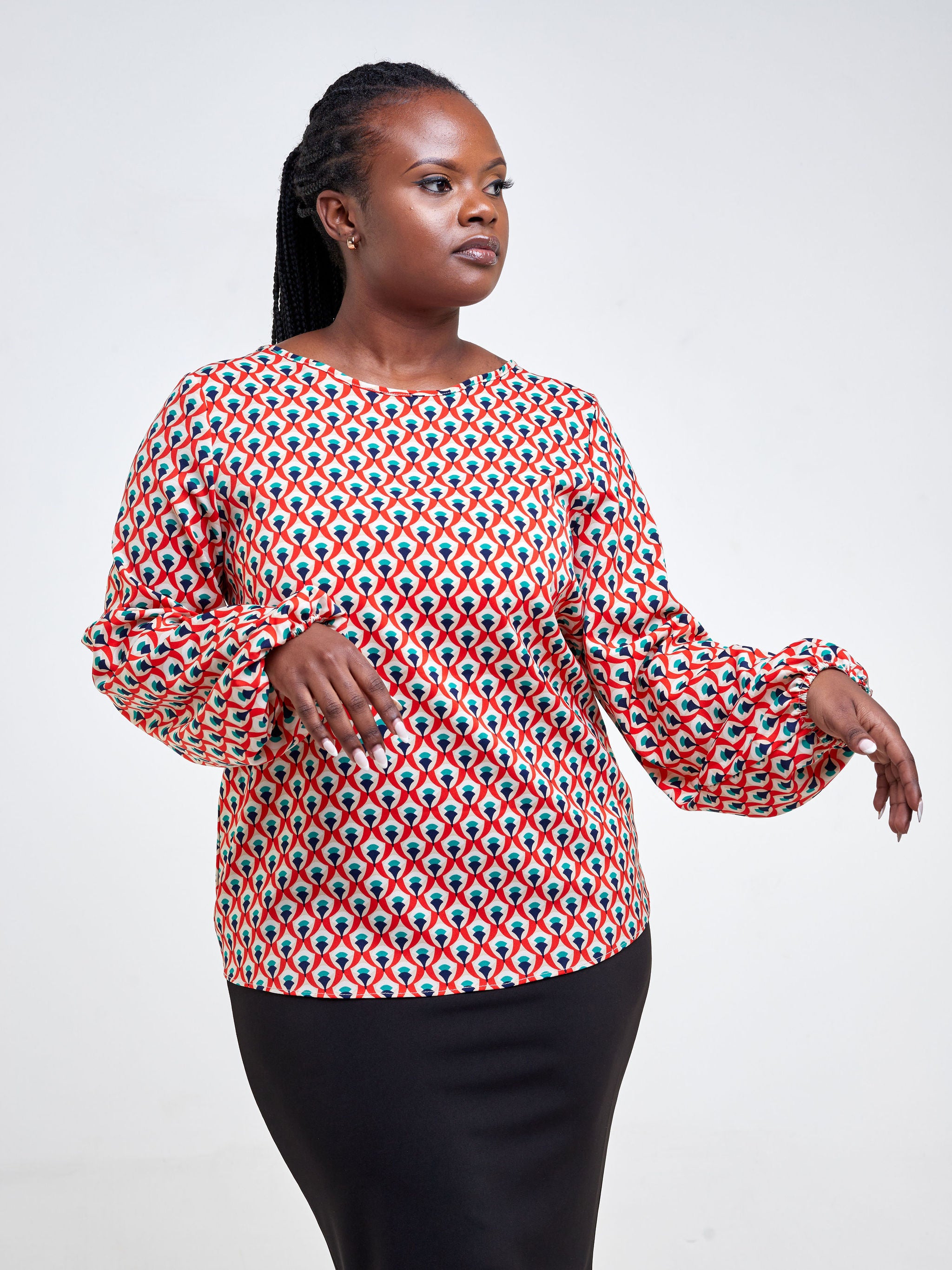 Vivo Basic Long Sleeved Bishop Top - Orange / Navy Blue Abstract Print