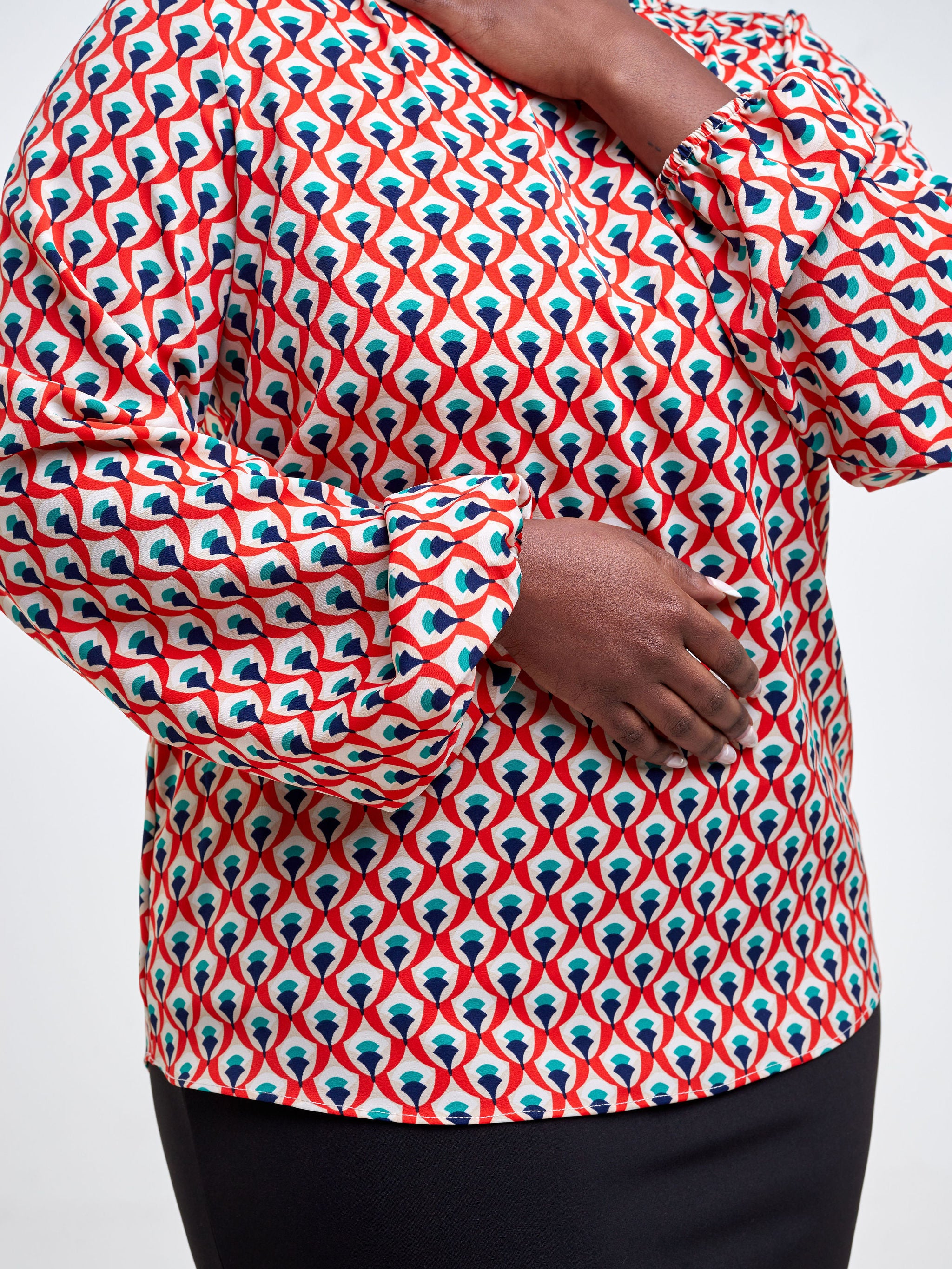 Vivo Basic Long Sleeved Bishop Top - Orange / Navy Blue Abstract Print