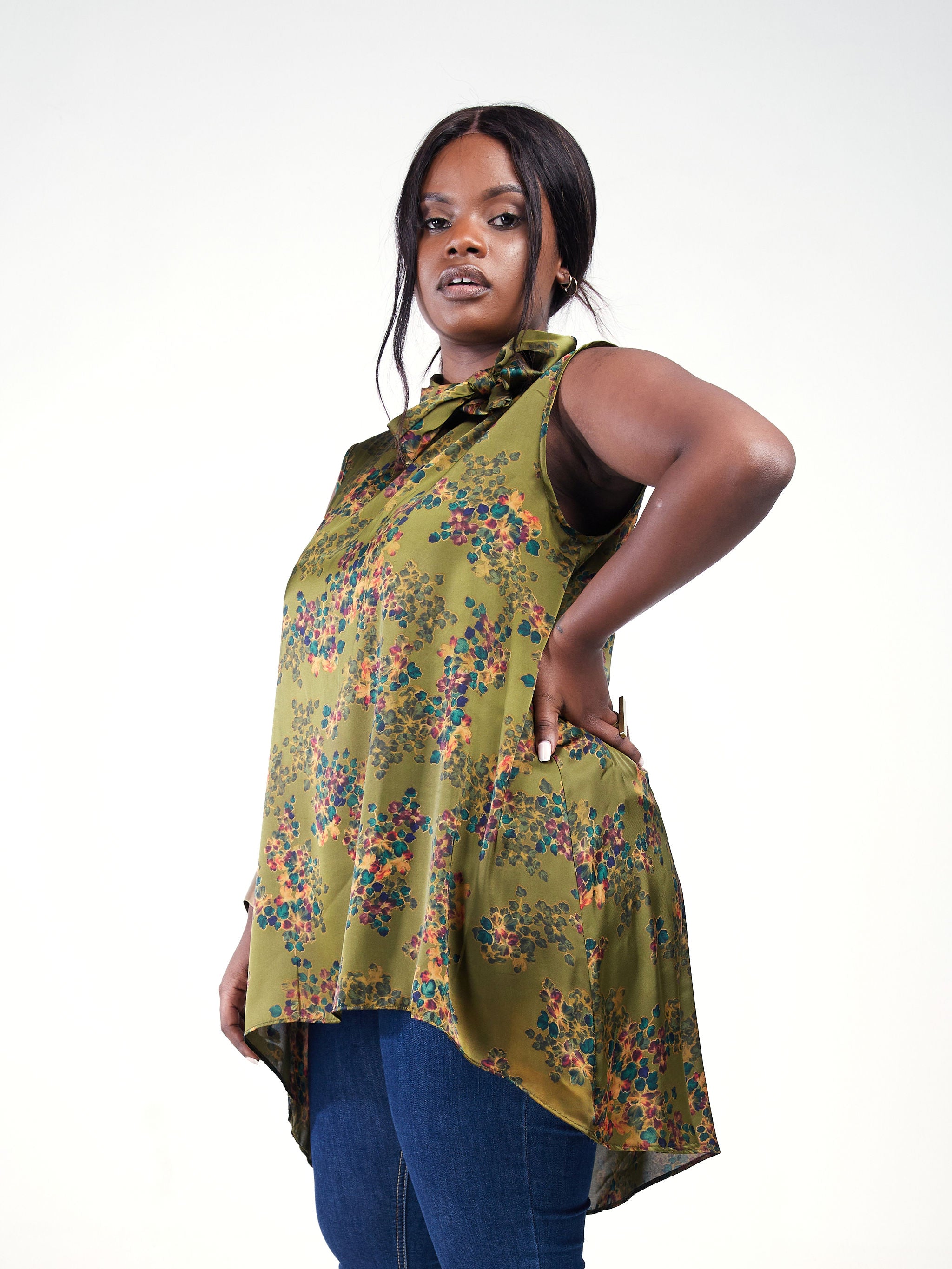 Vivo Bissa High Low Sleeveless Top - Army Green / Burgundy Floral Print