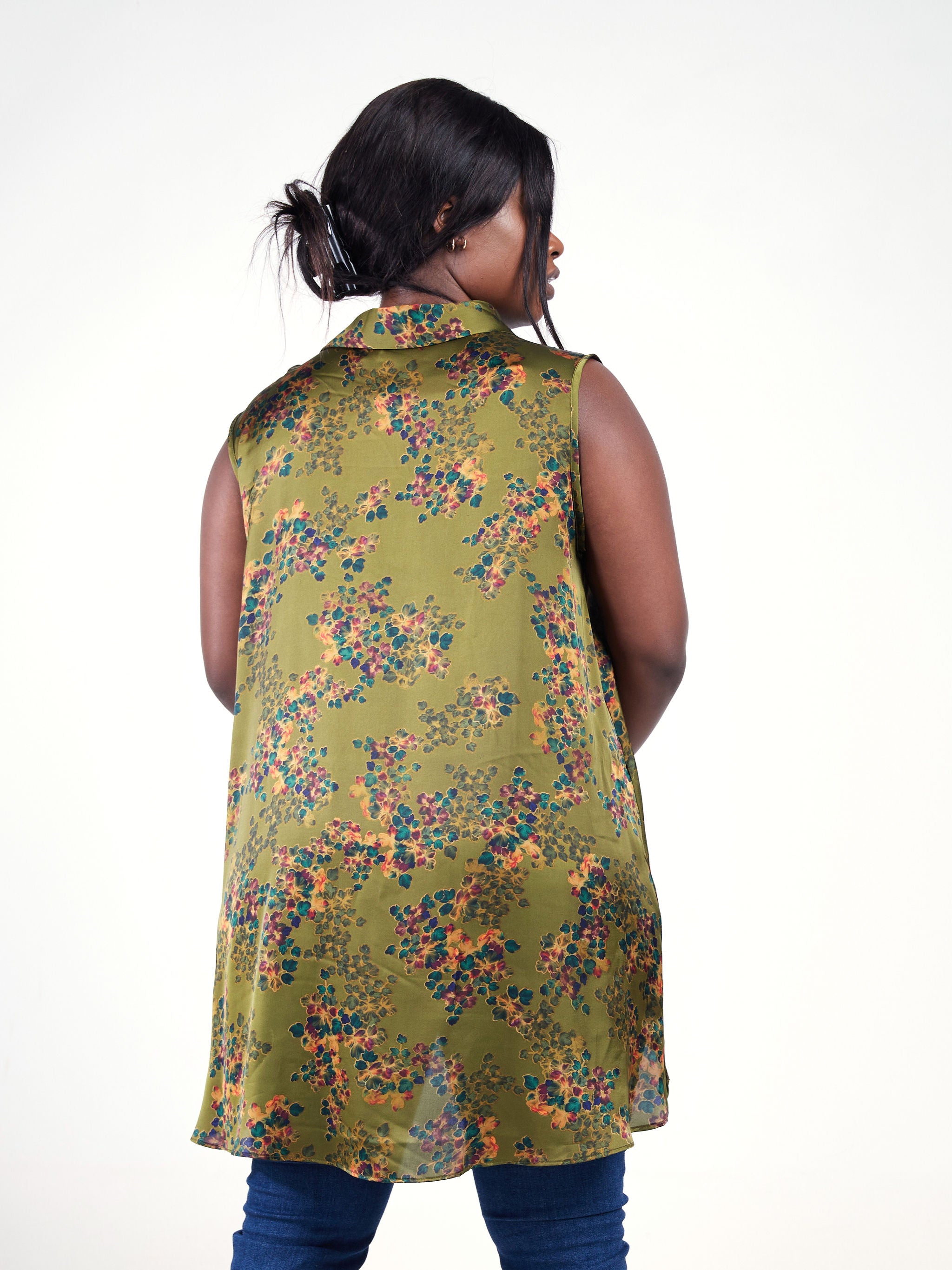 Vivo Bissa High Low Sleeveless Top - Army Green / Burgundy Floral Print