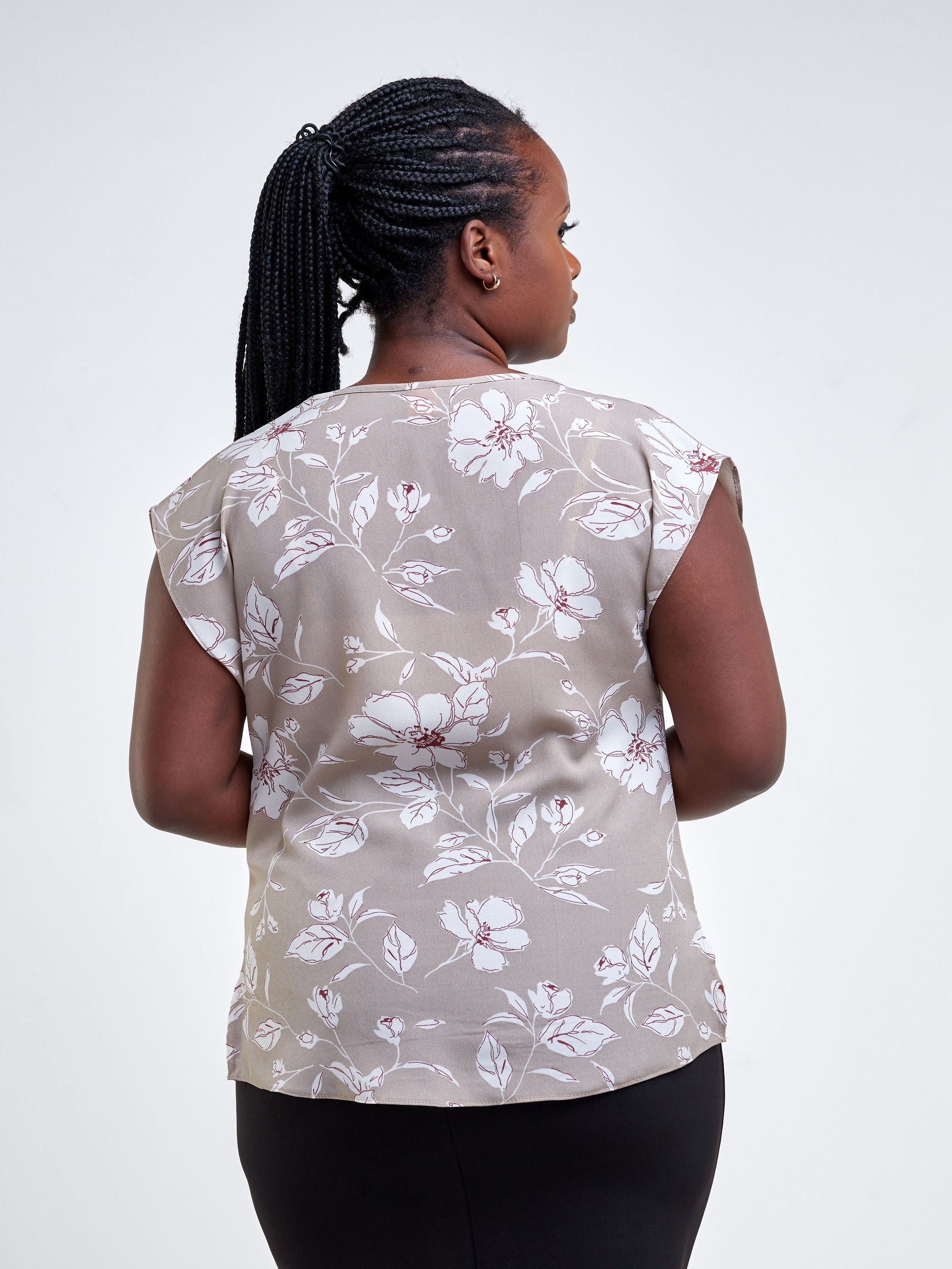 Vivo Fahari Drop Shoulder Cowl Top - Taupe / White Floral Print