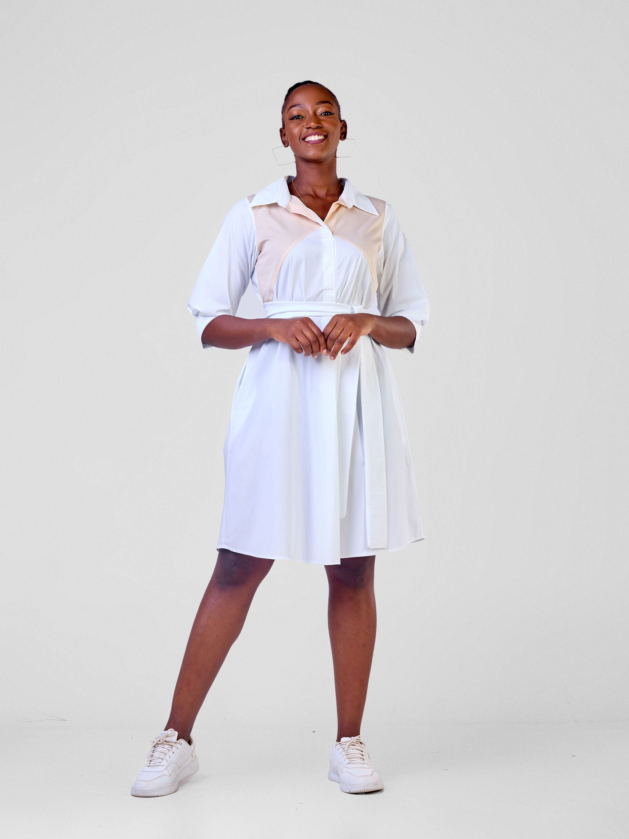 Safari Lira Front Panelled Shirt Dress - White / Taupe