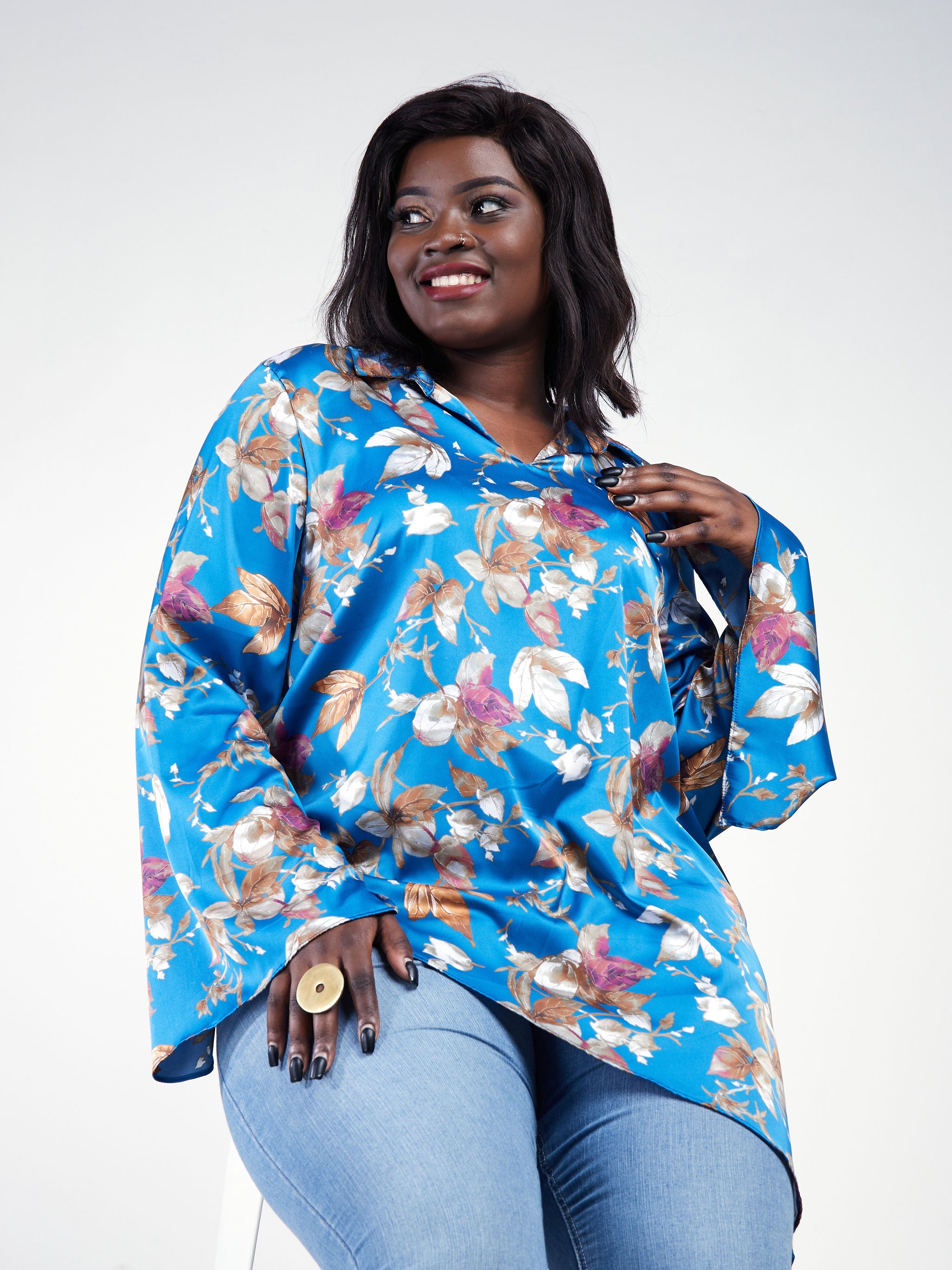 Vivo Jamila Asymmetrical Shirt Top - Blue / Brown Print