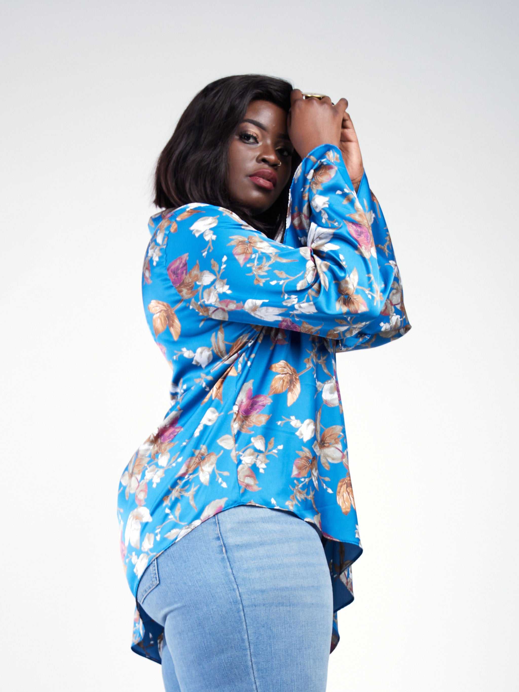 Vivo Jamila Asymmetrical Shirt Top - Blue / Brown Print