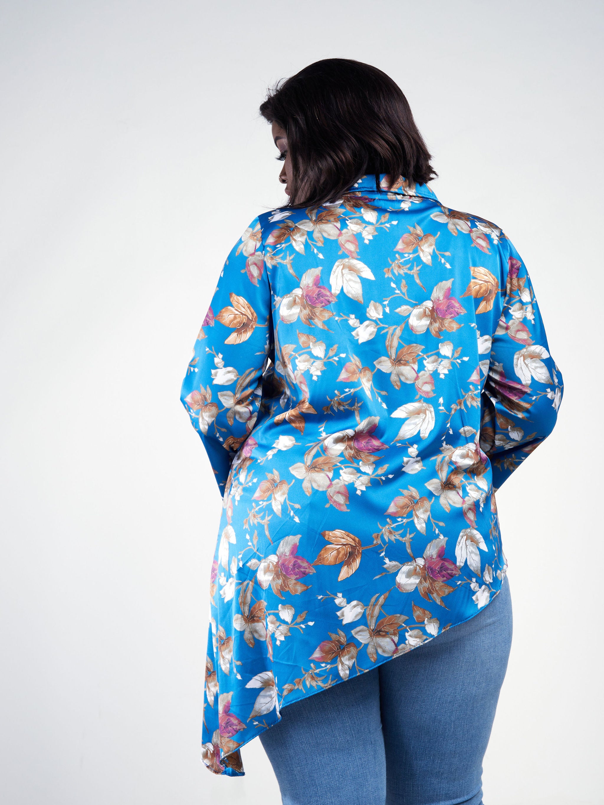 Vivo Jamila Asymmetrical Shirt Top - Blue / Brown Print