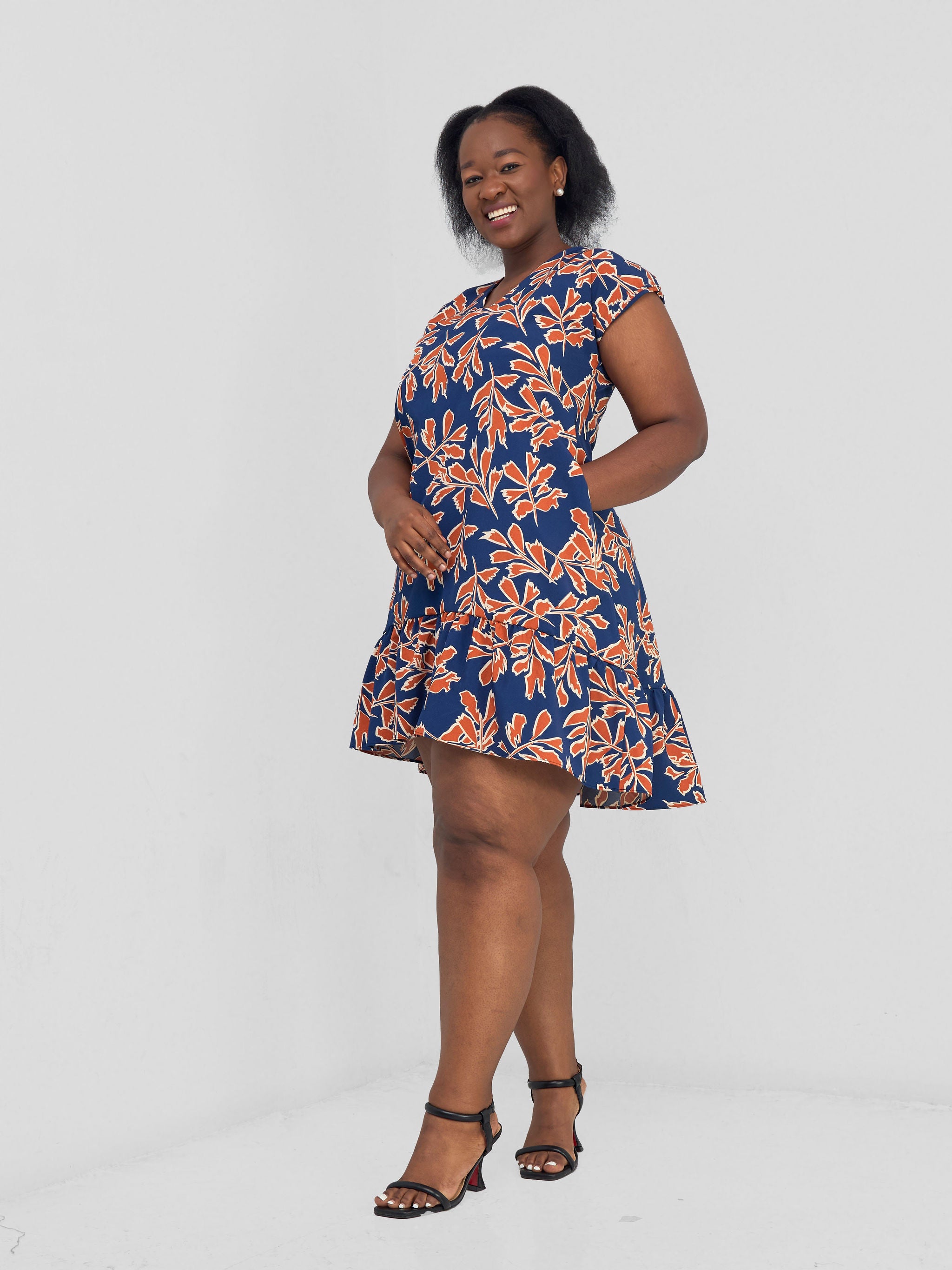 Vivo Asha Drop Shoulder Knee Length Dress - Blue / Rust Floral Print