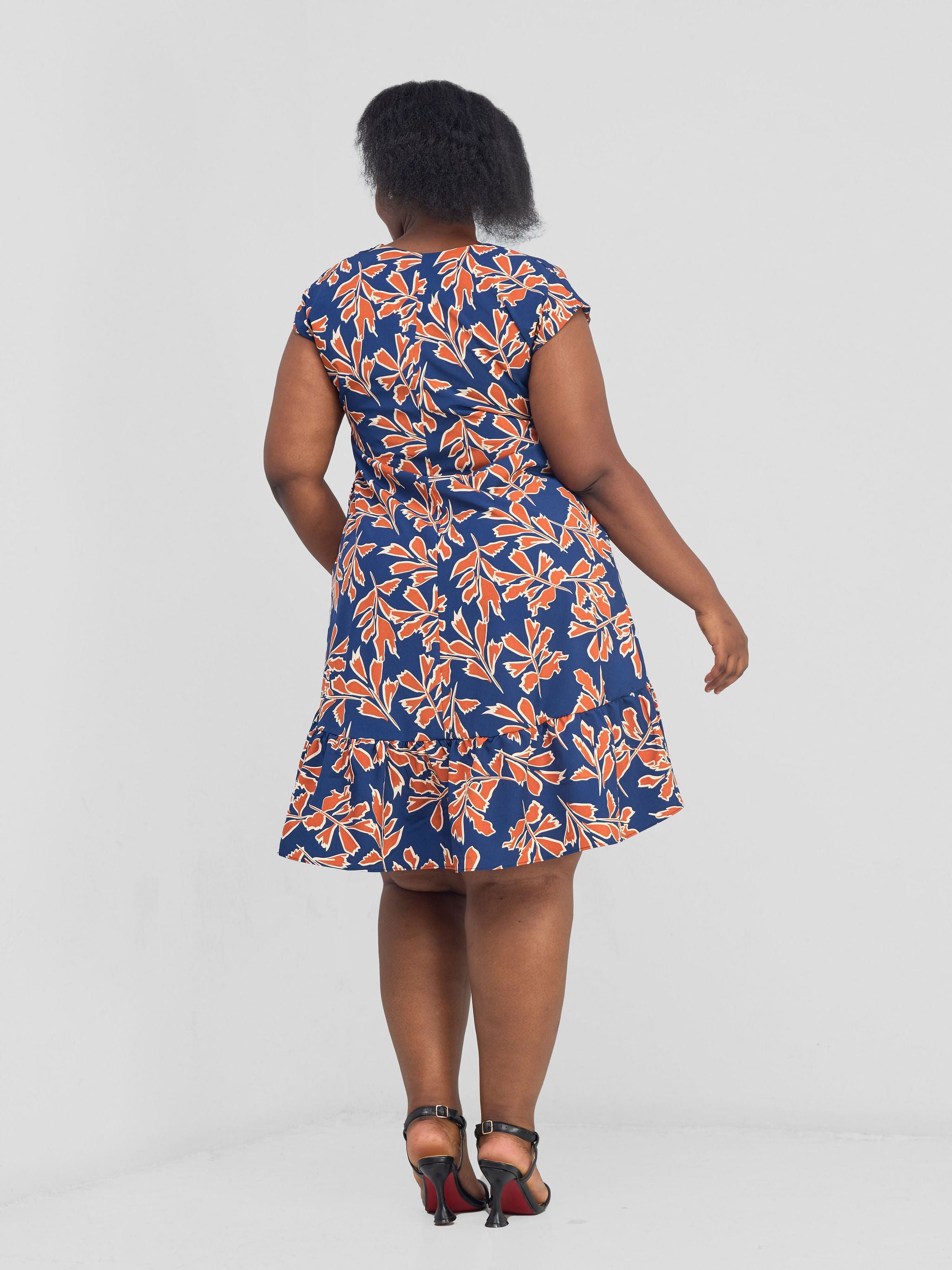 Vivo Asha Drop Shoulder Knee Length Dress - Blue / Rust Floral Print