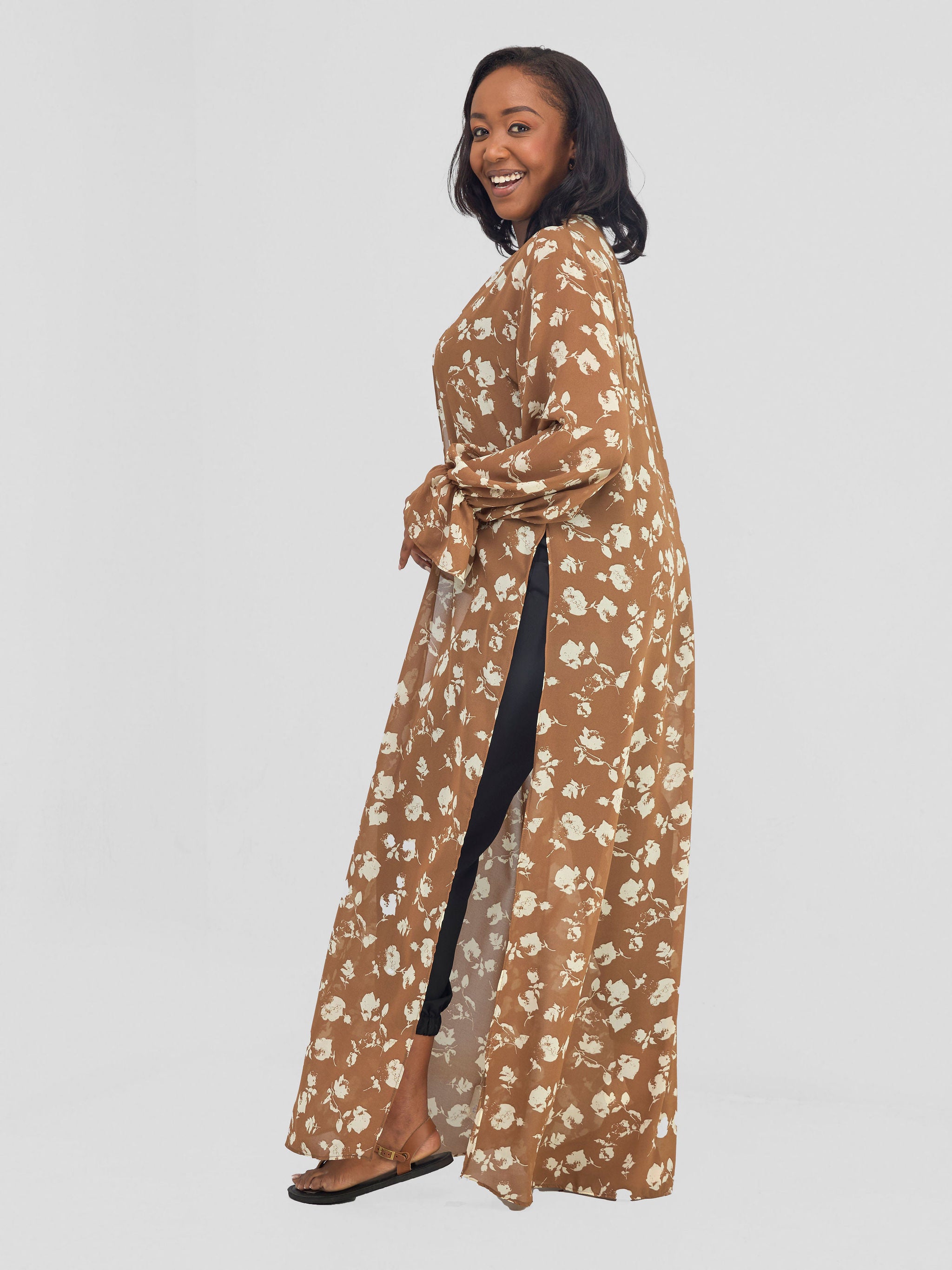 Vivo Jema High Slit Maxi Kimono - Cream / Brown