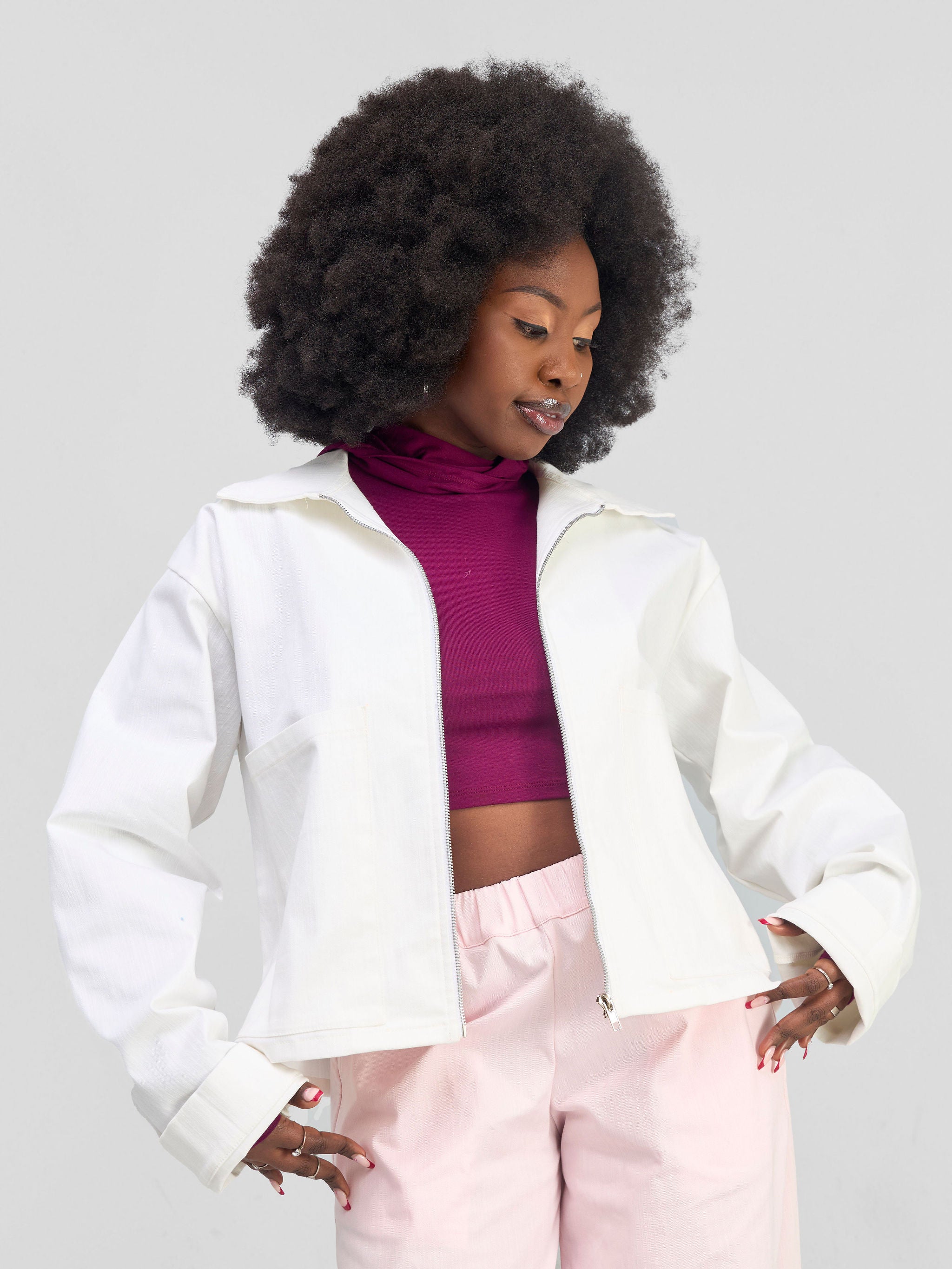 Zoya Banda Waist Length Zipped Jacket - White