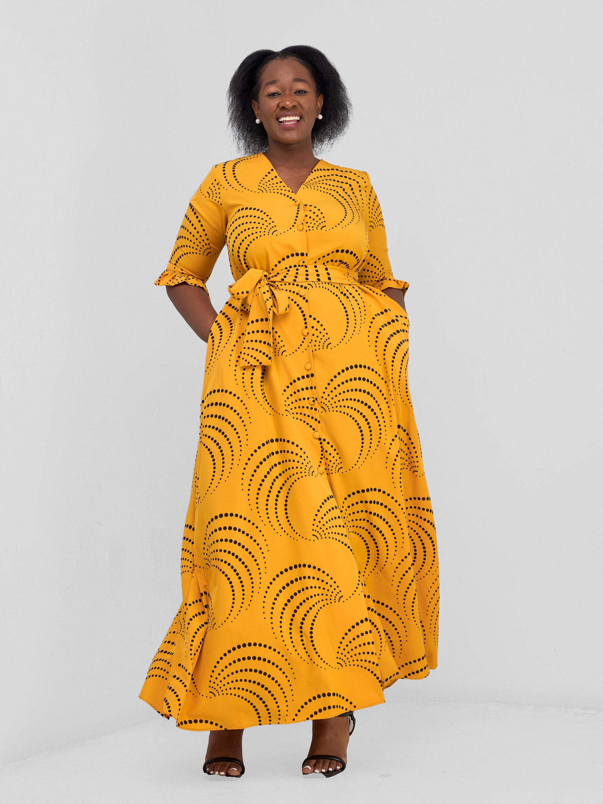 Vivo Nasinka Maxi Shirt Dress Light Mustard Black Sinka Print