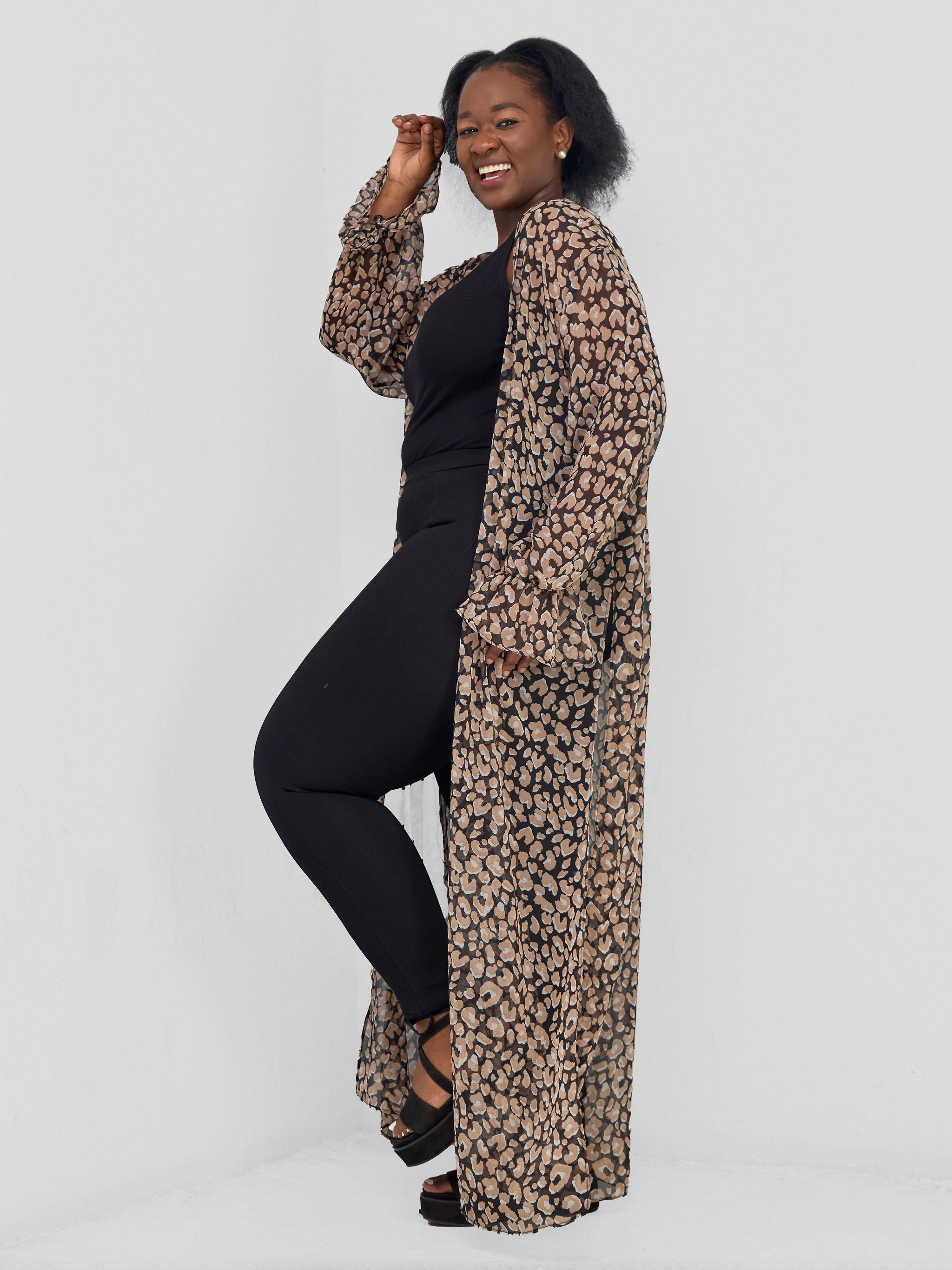 Vivo Jema High Slit Maxi Kimono - Black / Brown