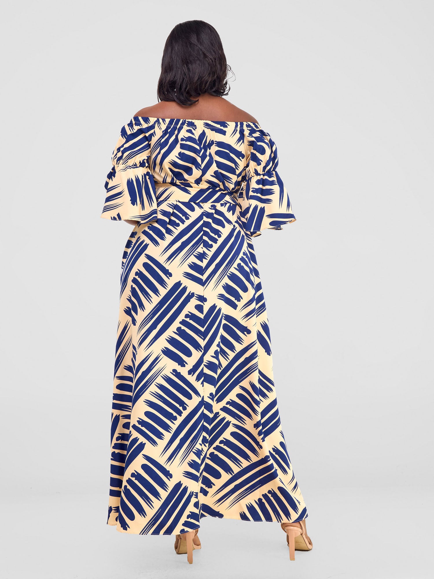 Vivo Tana Off Shoulder Maxi Dress - Navy Blue / Cream Print