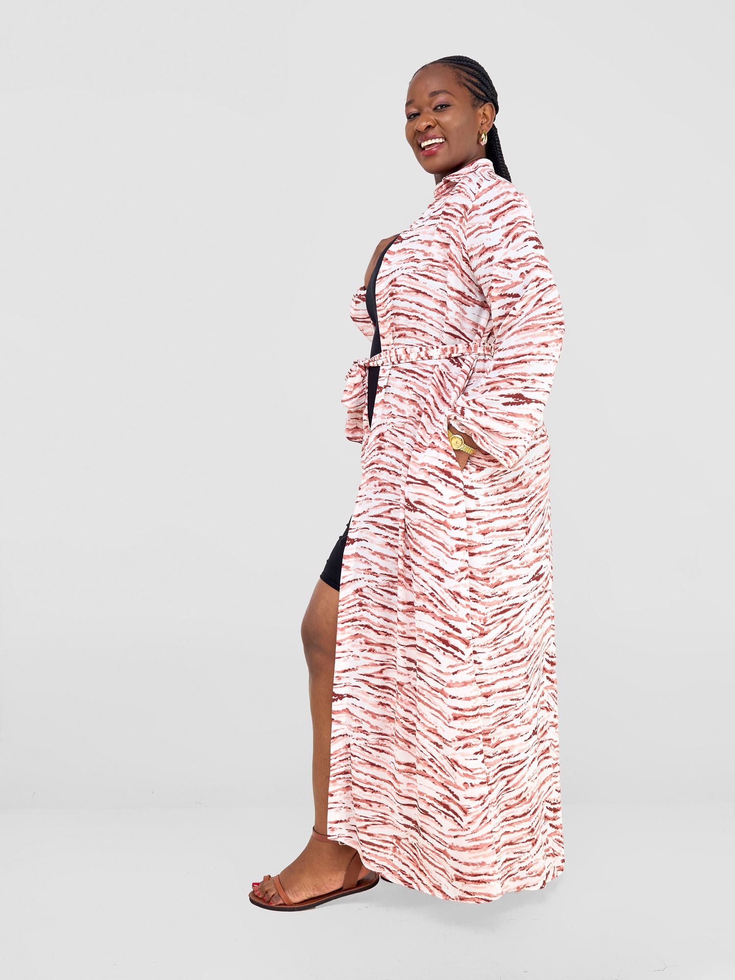 Vivo Sana Long Sleeved Maxi cover-Up -  White /Peach Animal stripes Print