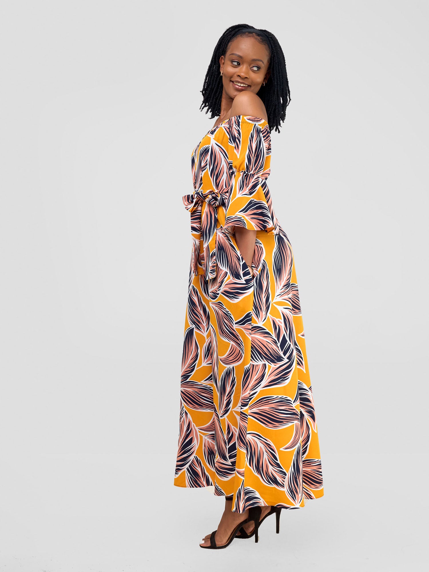 Vivo Tana Off Shoulder Maxi Dress - Peach / Mustard Print