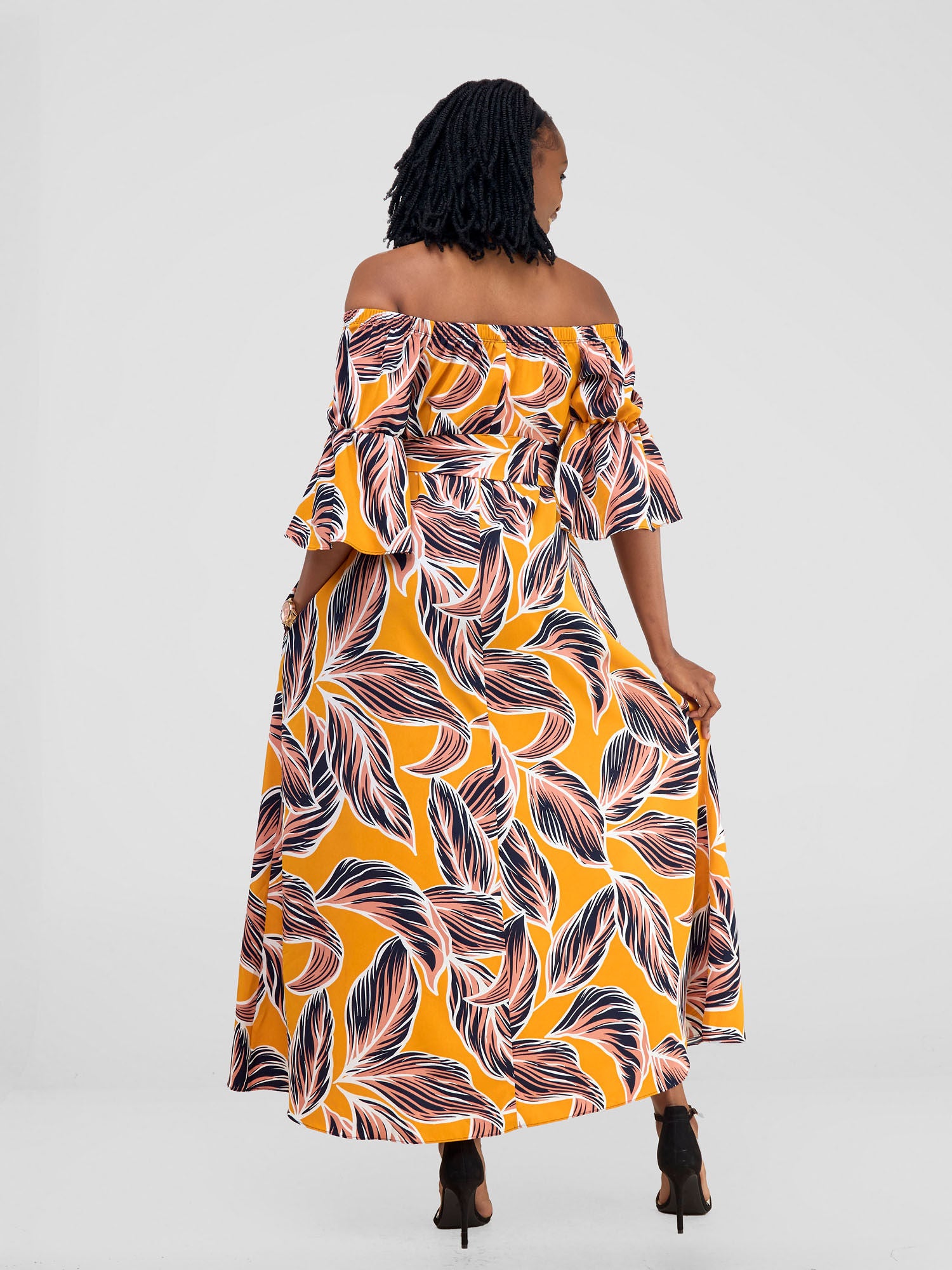 Vivo Tana Off Shoulder Maxi Dress - Peach / Mustard Print