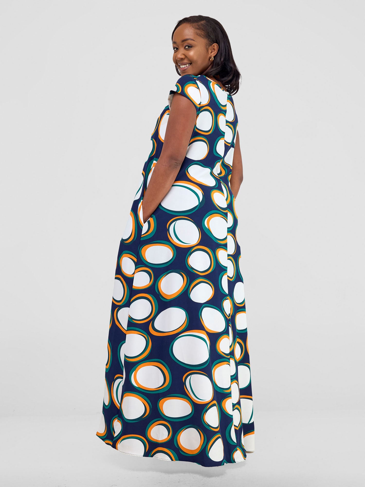 Vivo Basic Cap Sleeve Maxi Tent Dress - Teal Polka Print