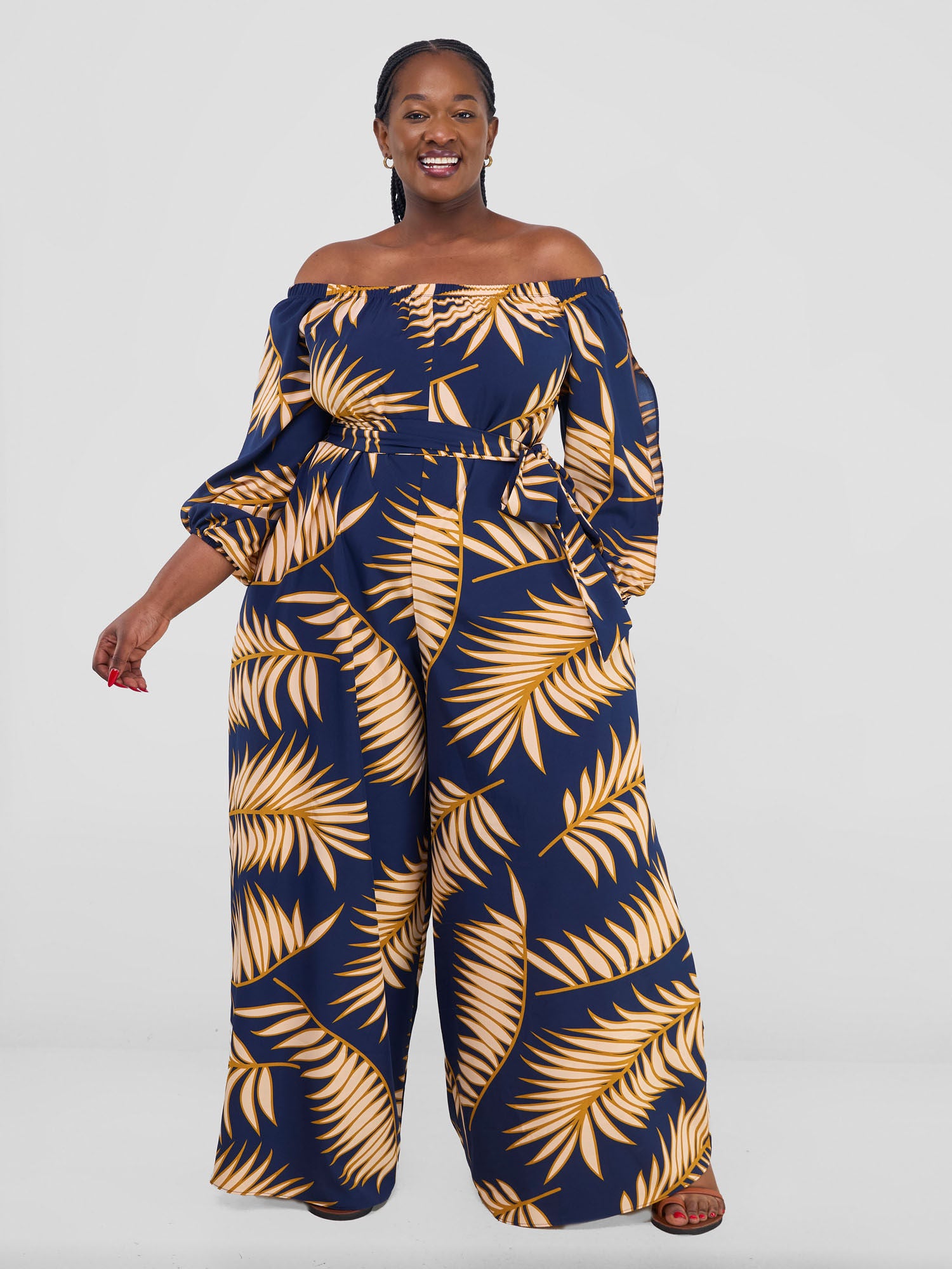 Vivo Yumi Off Shoulder Jumpsuit Navy Peach Palm Leaves Vivo
