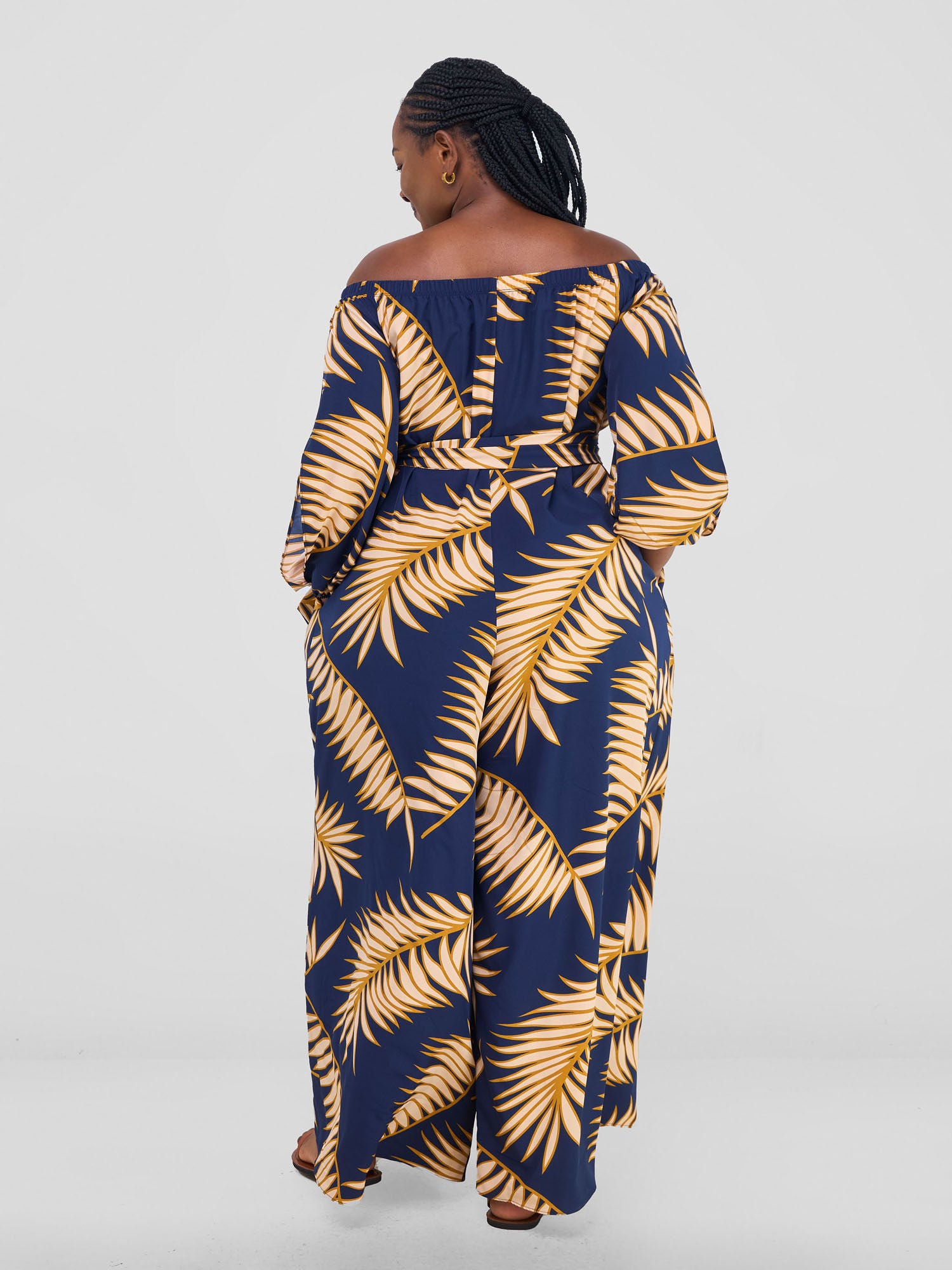 Vivo Yumi Off Shoulder Jumpsuit - Navy / Peach Palm Leaves