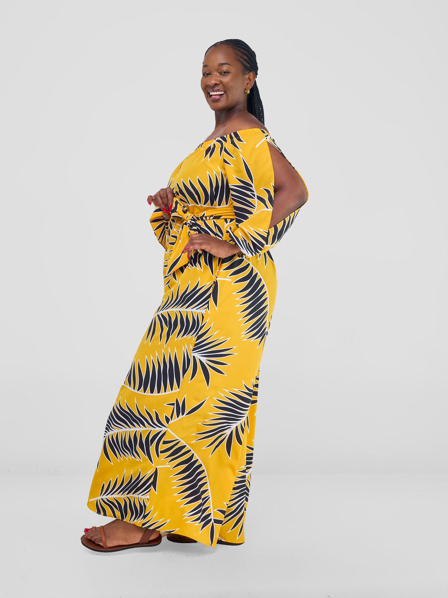 Vivo Yumi Off Shoulder Jumpsuit - Yellow / Black Palm Leaves