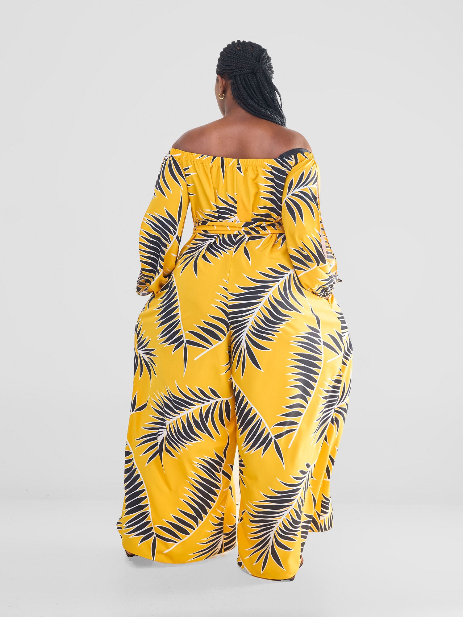 Vivo Yumi Off Shoulder Jumpsuit - Yellow / Black Palm Leaves