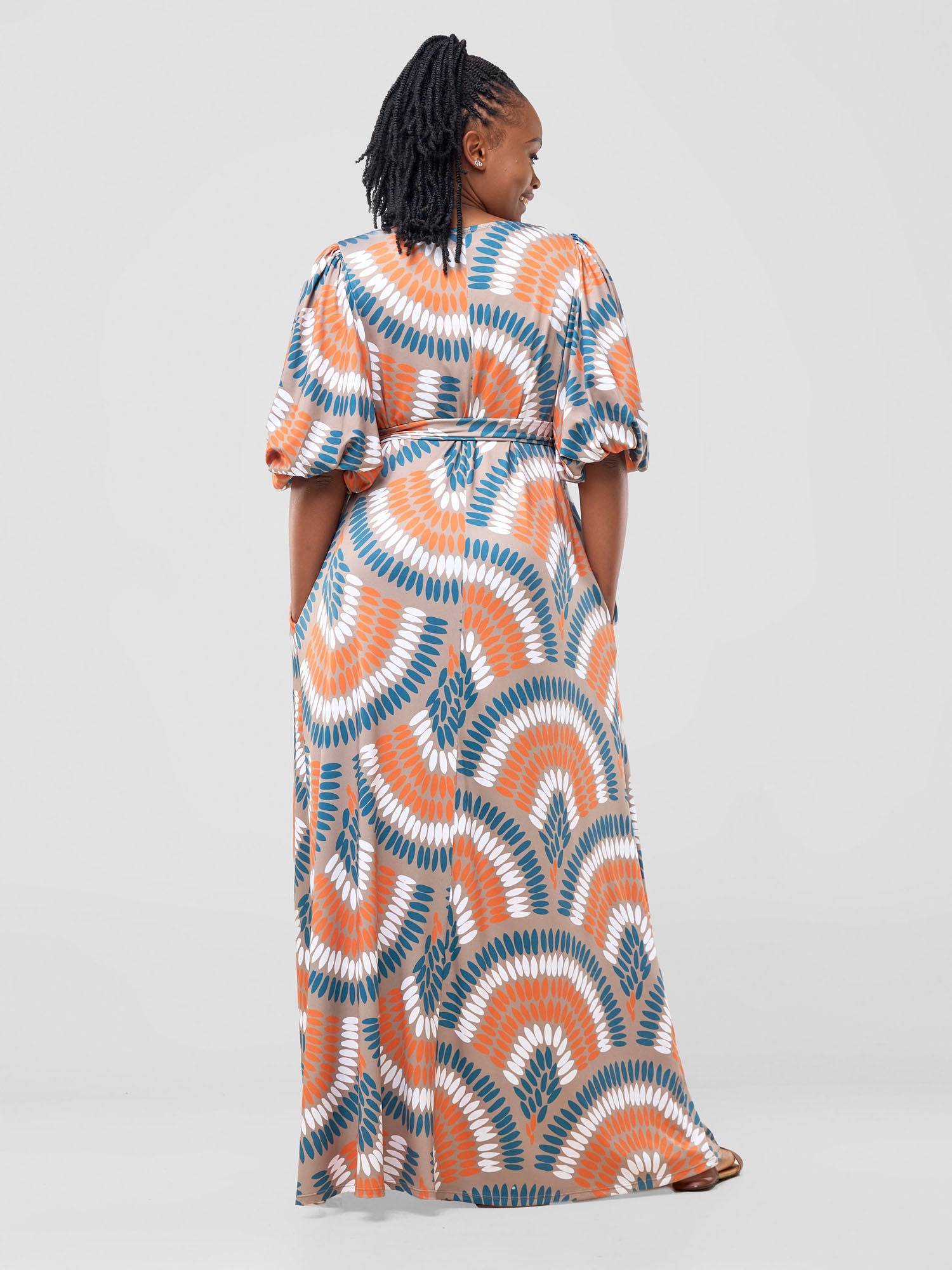 Vivo Nkasi Bubble Sleeve Maxi Dress - Taupe / Orange Kasi Print