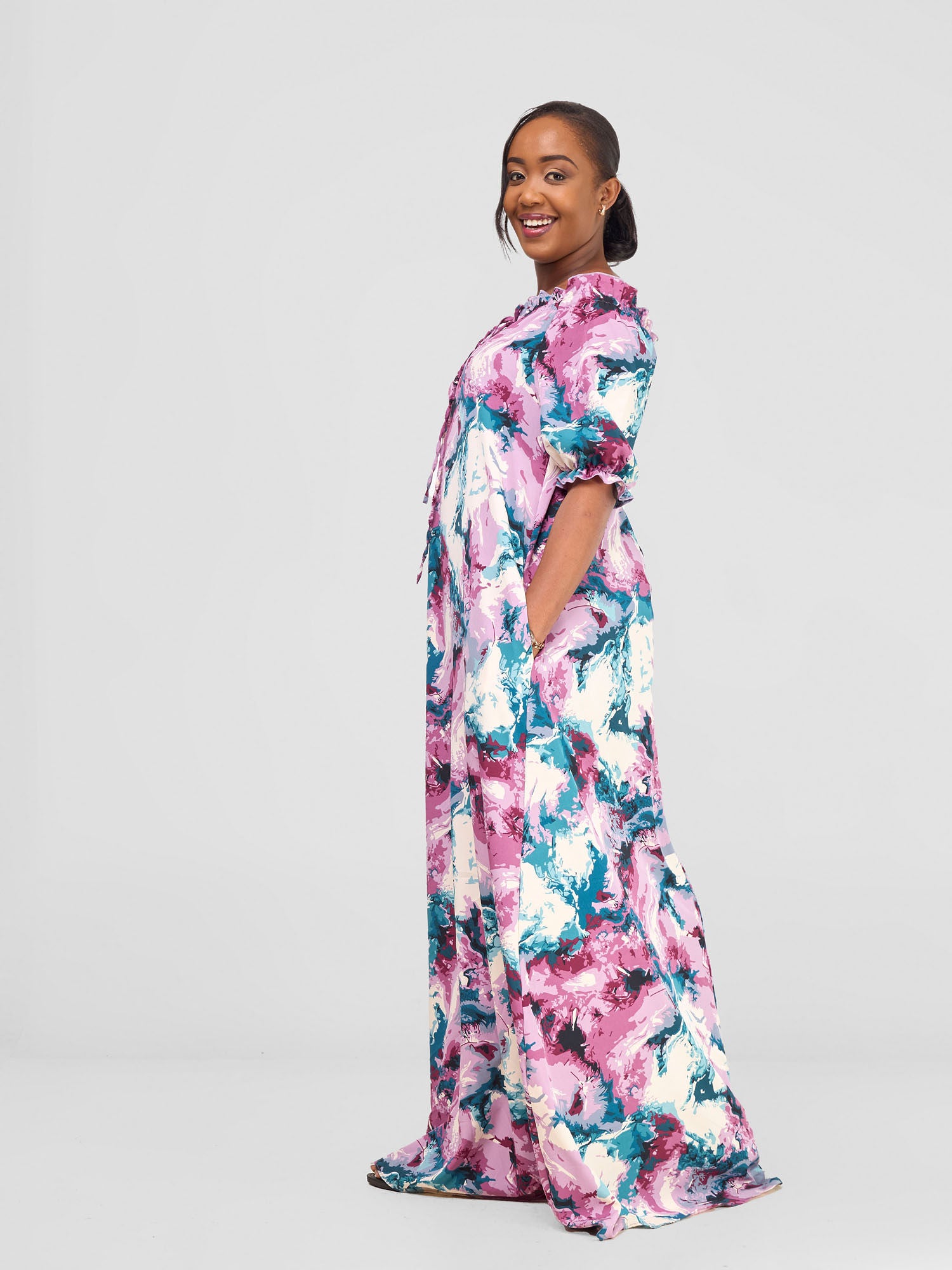 Vivo Situ Off-shoulder Tie Maxi Dress - Lilac / Teal Print