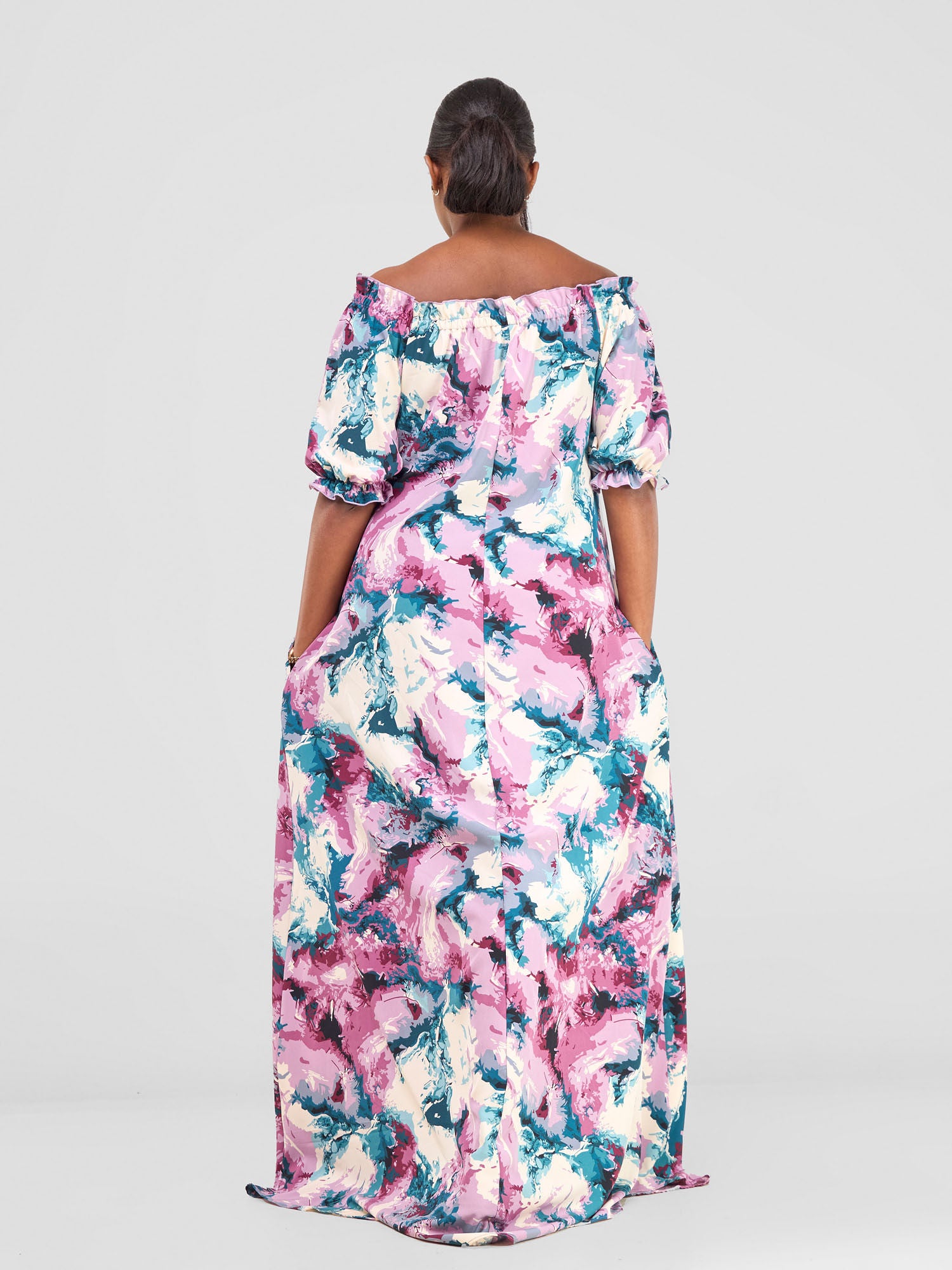 Vivo Situ Off-shoulder Tie Maxi Dress - Lilac / Teal Print