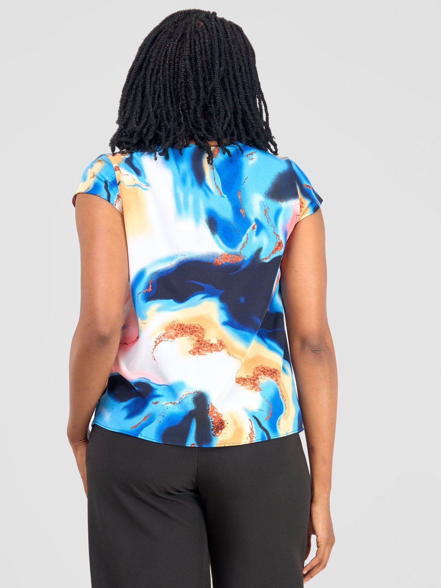 Vivo Basic Crepe Cap Sleeved Top - Blue / White Print