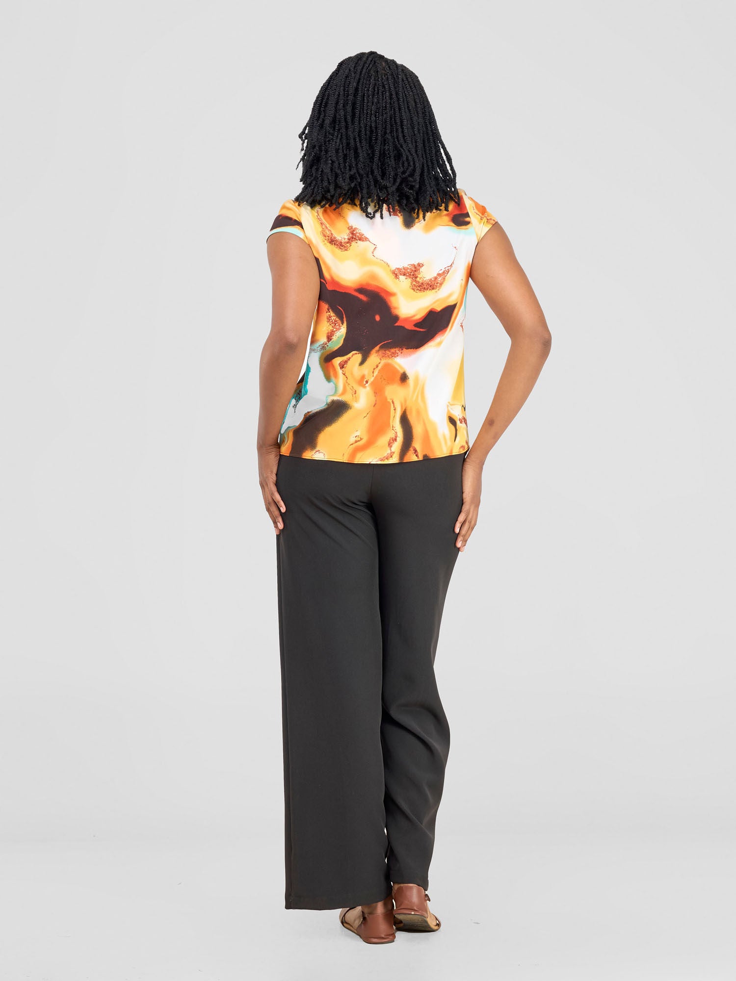 Vivo Basic Crepe Cap Sleeved Top - Sea Green / Orange Print