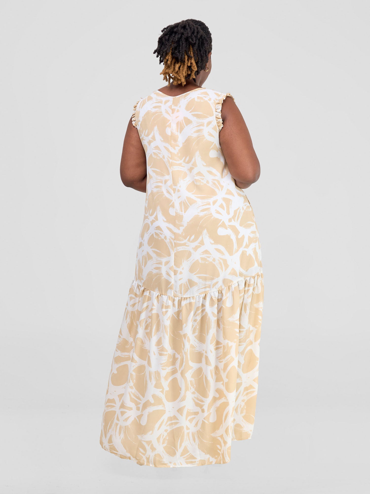 Vivo Ava Tent Flounce Maxi Dress - Taupe / White Print