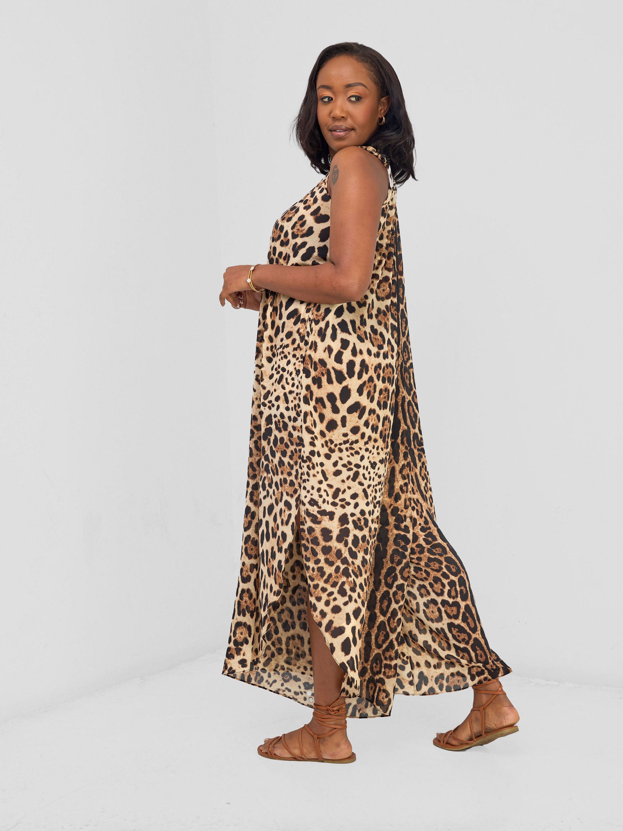 Vivo Maisha Strappy Culotte Jumpsuit - Beige / Black Chui Print