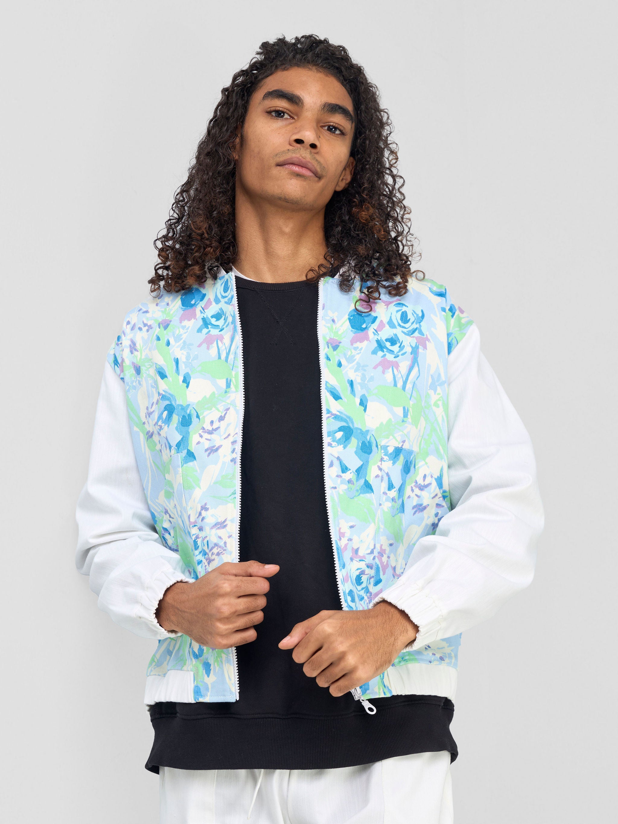 Zoya Banda Unisex Letterman Jacket - Green / Blue Print + White