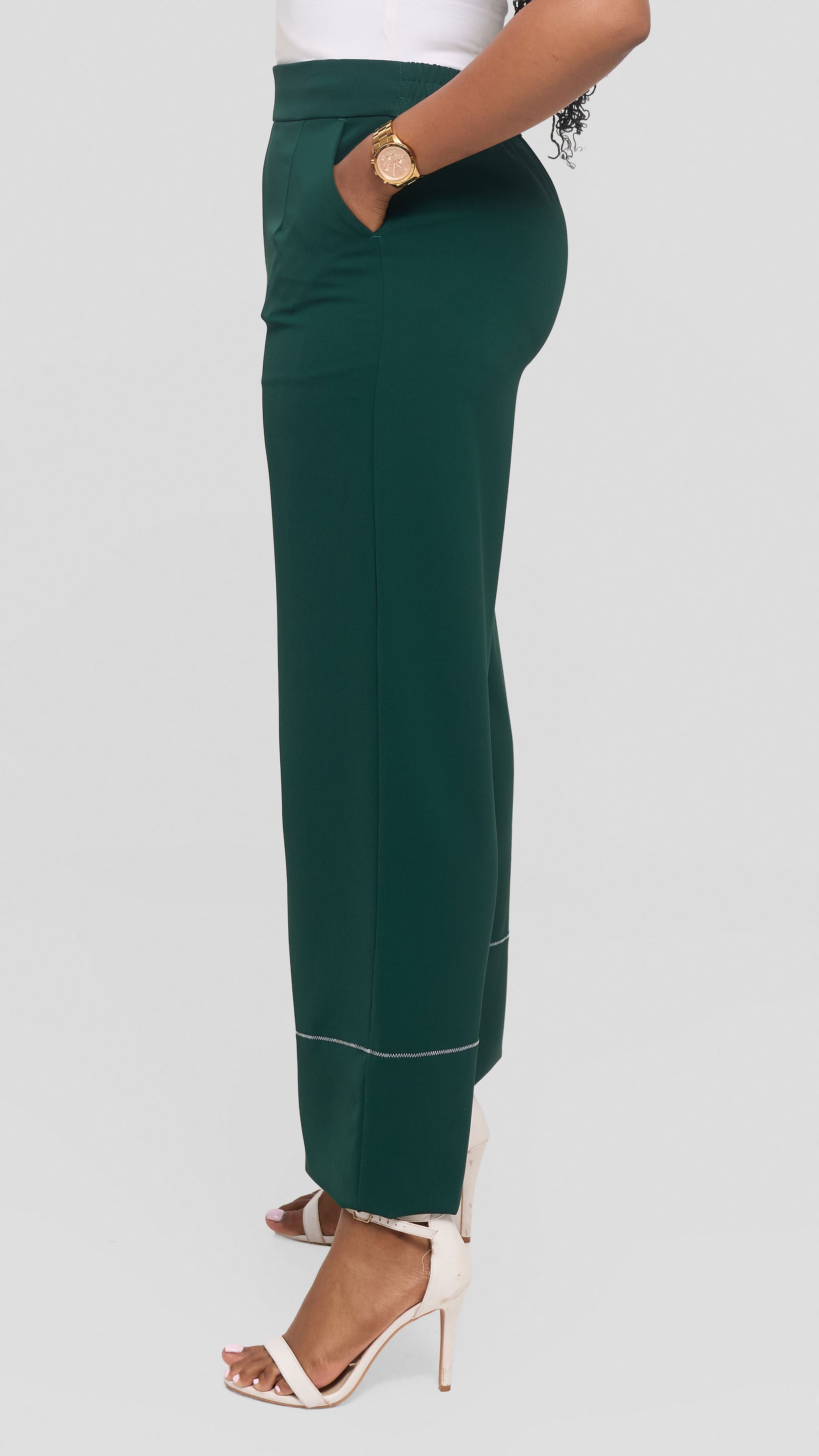 Vivo Contrast Stitch Wide Leg Pants in Twill -  Dark Green