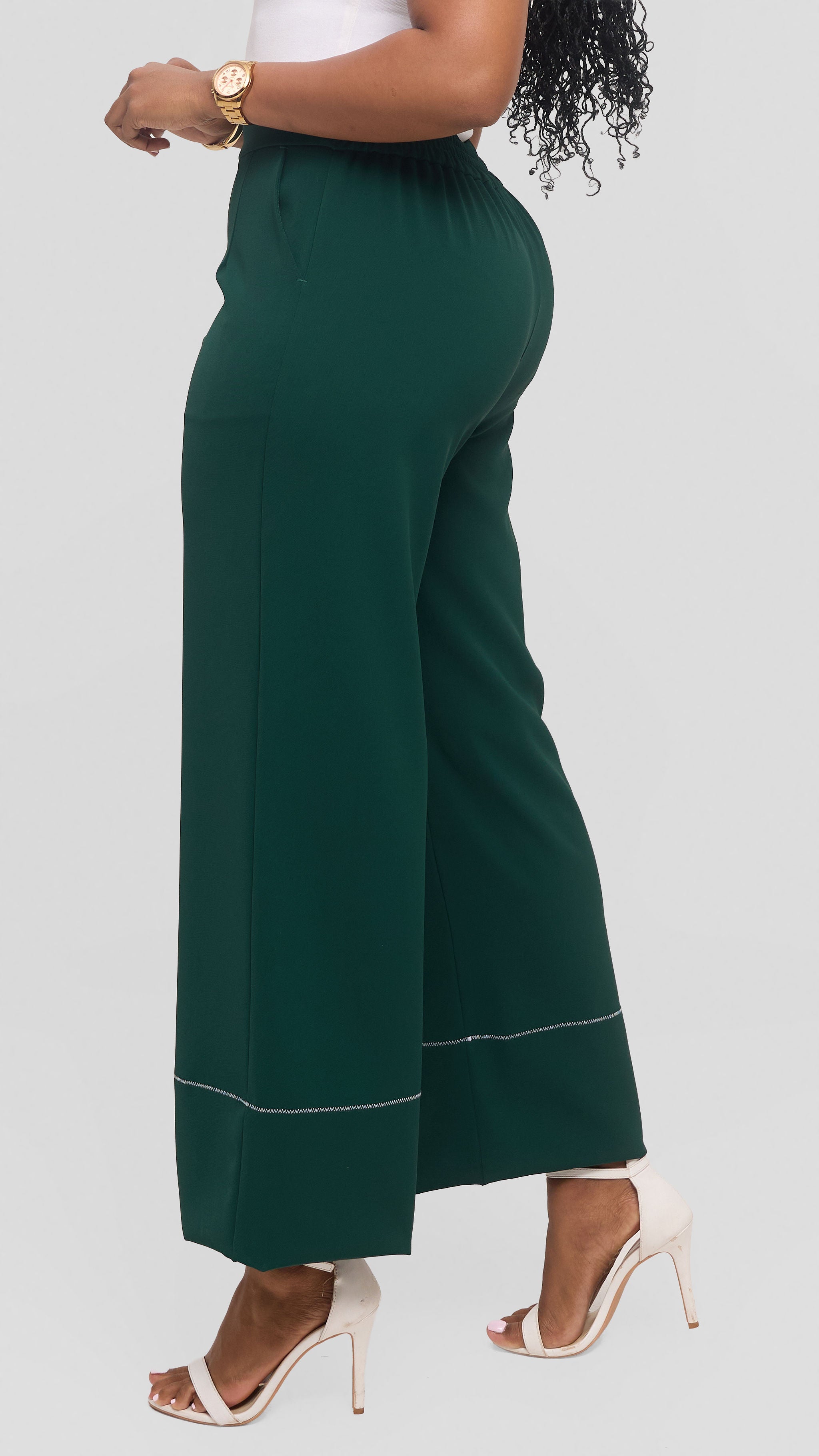 Vivo Contrast Stitch Wide Leg Pants in Twill -  Dark Green