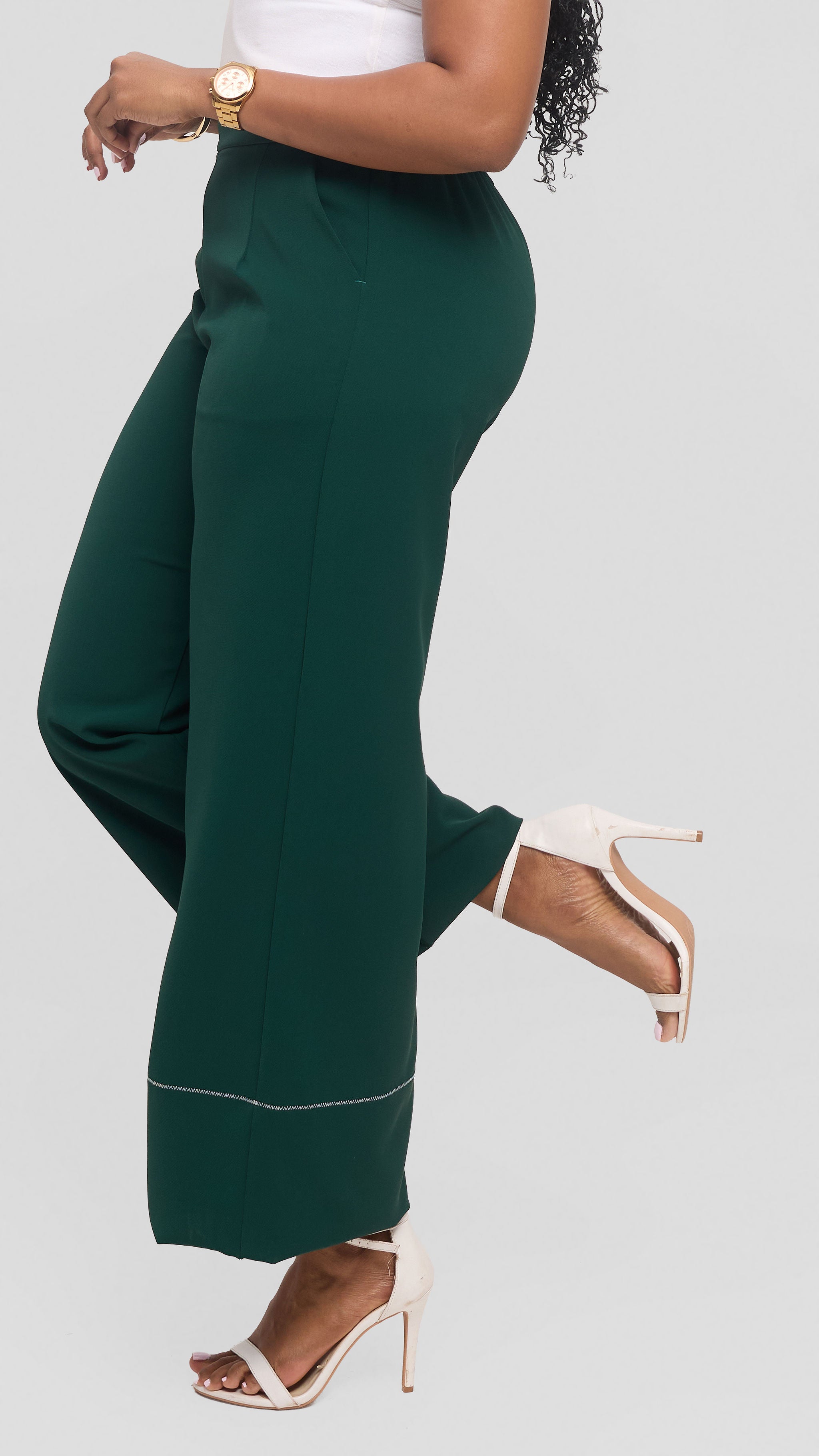 Vivo Contrast Stitch Wide Leg Pants in Twill -  Dark Green