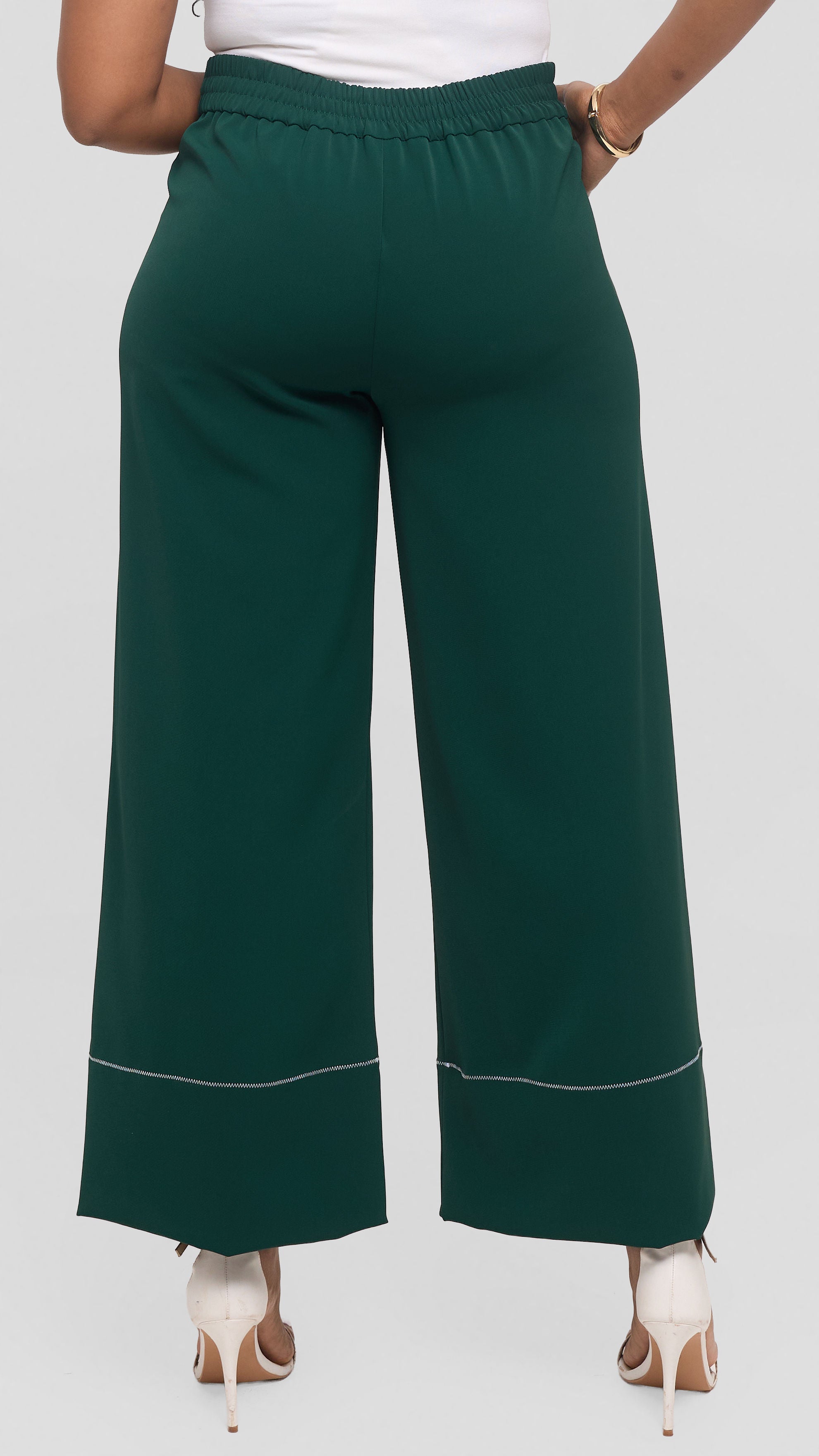 Vivo Contrast Stitch Wide Leg Pants in Twill -  Dark Green