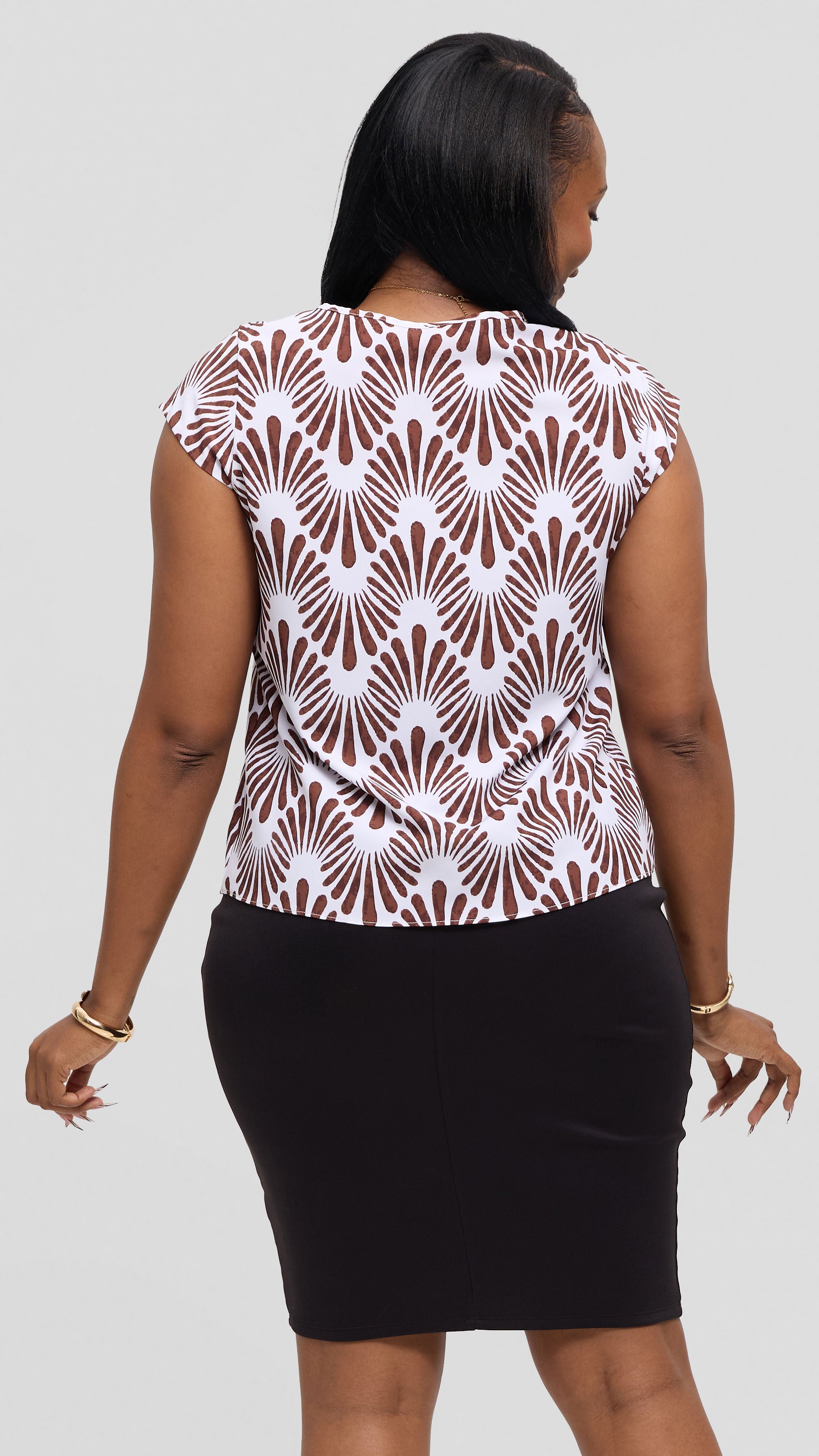 Vivo Basic Cap Sleeve Top in Crepe - White / Dark Chocolate Witu Print