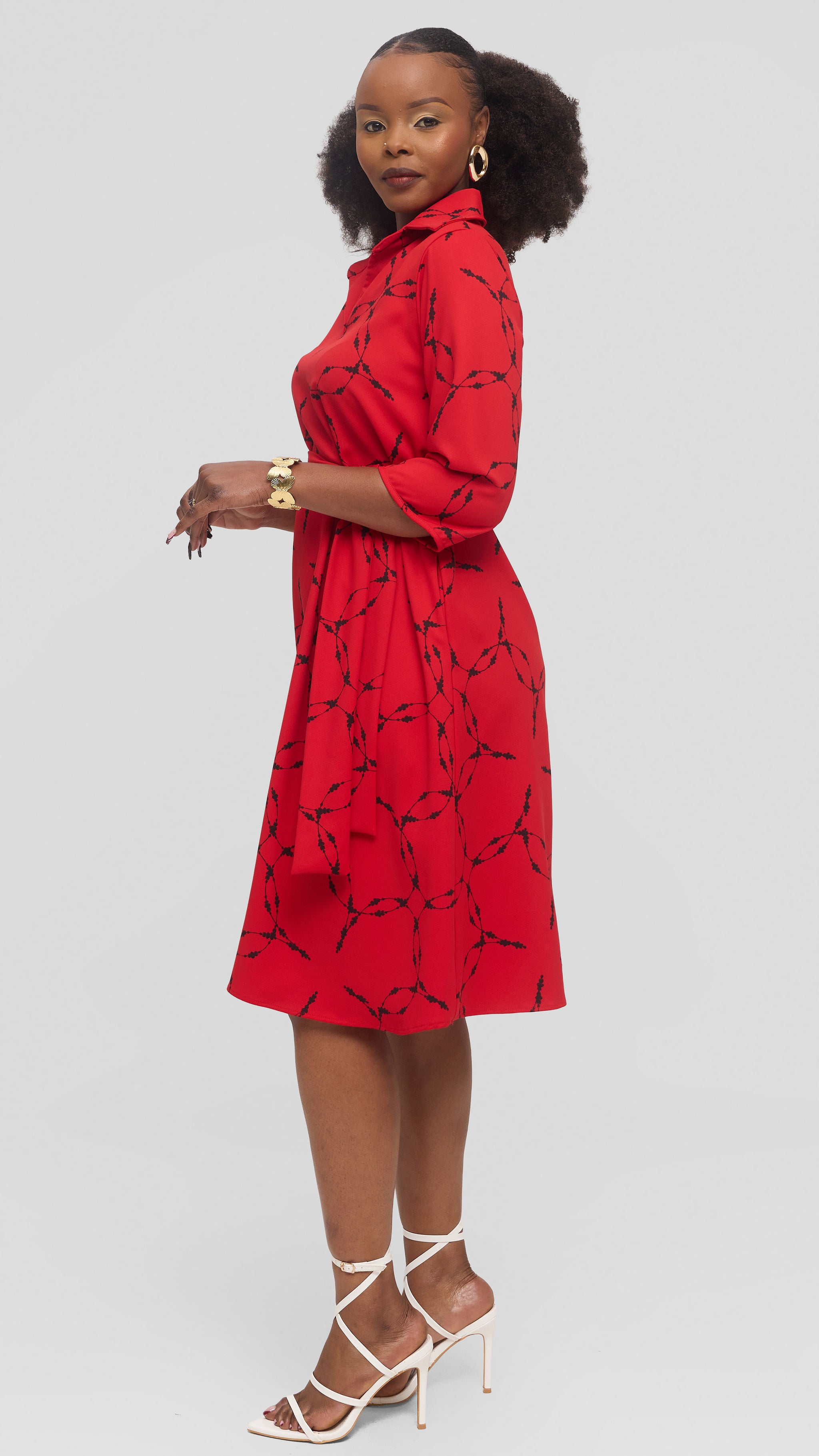 Vivo Zuri 3/4 Sleeve Knee Length Dress in Crepe - Red / Black Shina Print