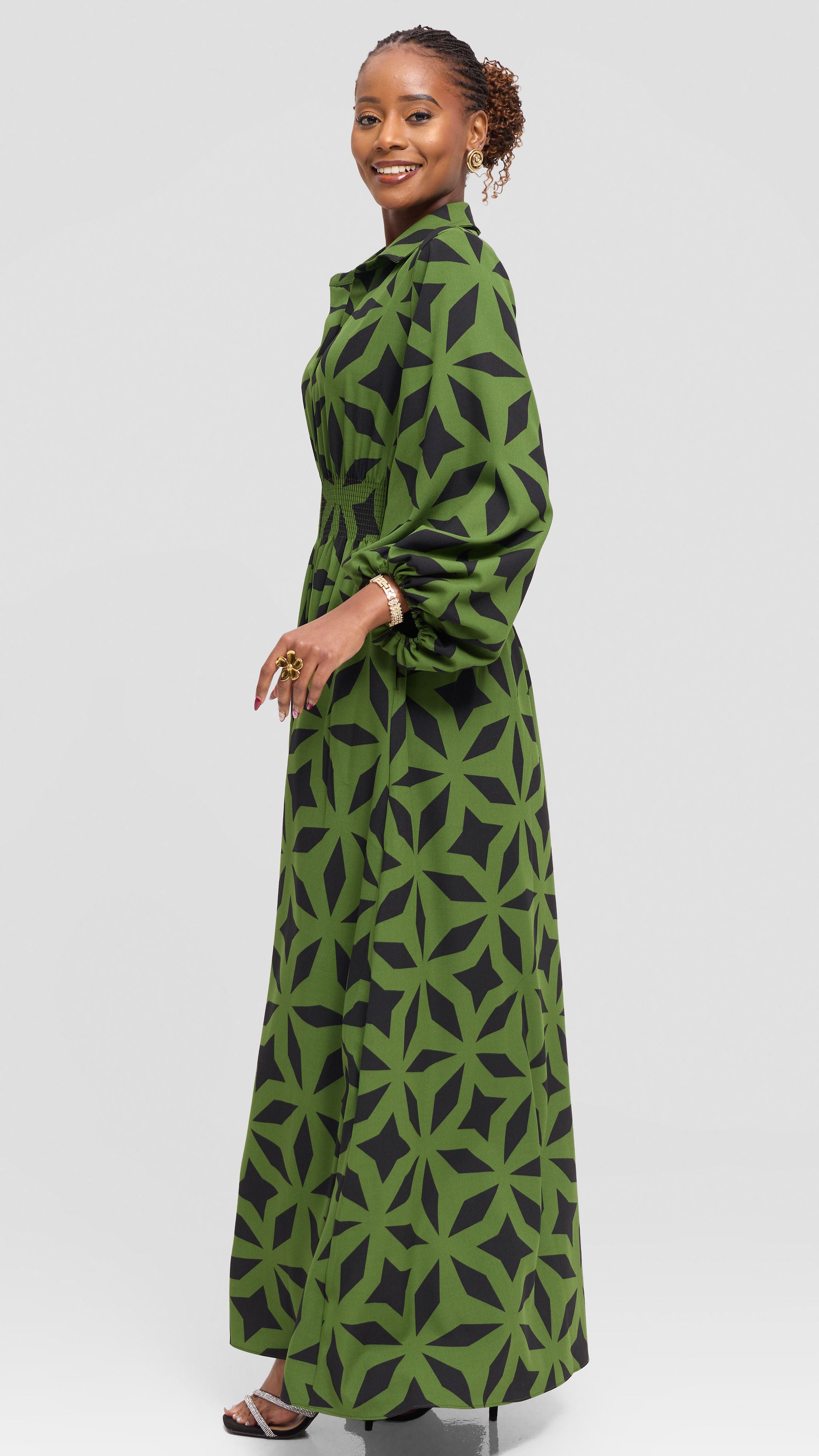 Vivo Bishop Sleeve Shirred Maxi Dress in Crepe - Green / Black Print