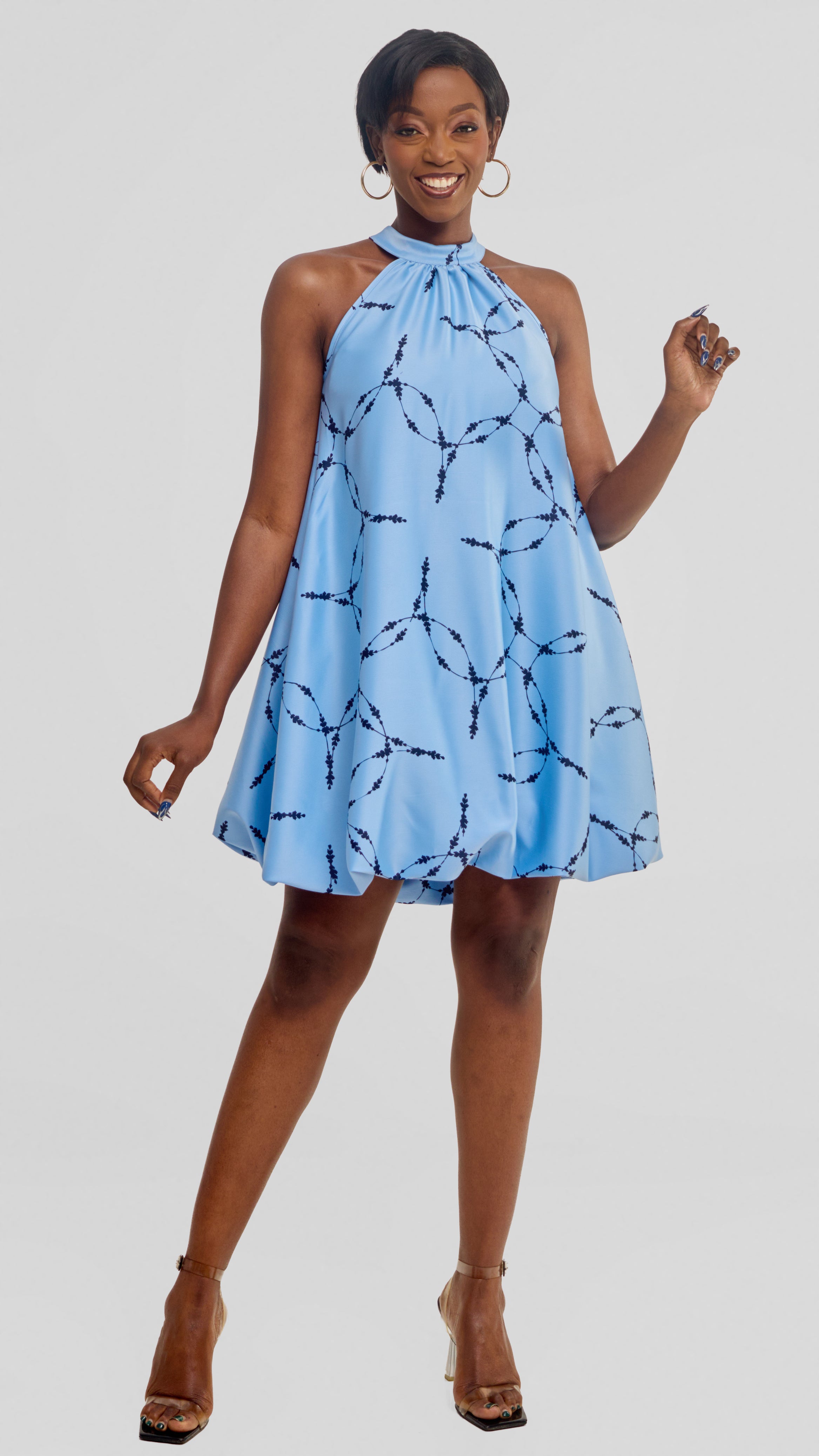 Vivo Iyana Bubble Mini Dress in Satin - Baby Blue / Navy Shina Print 