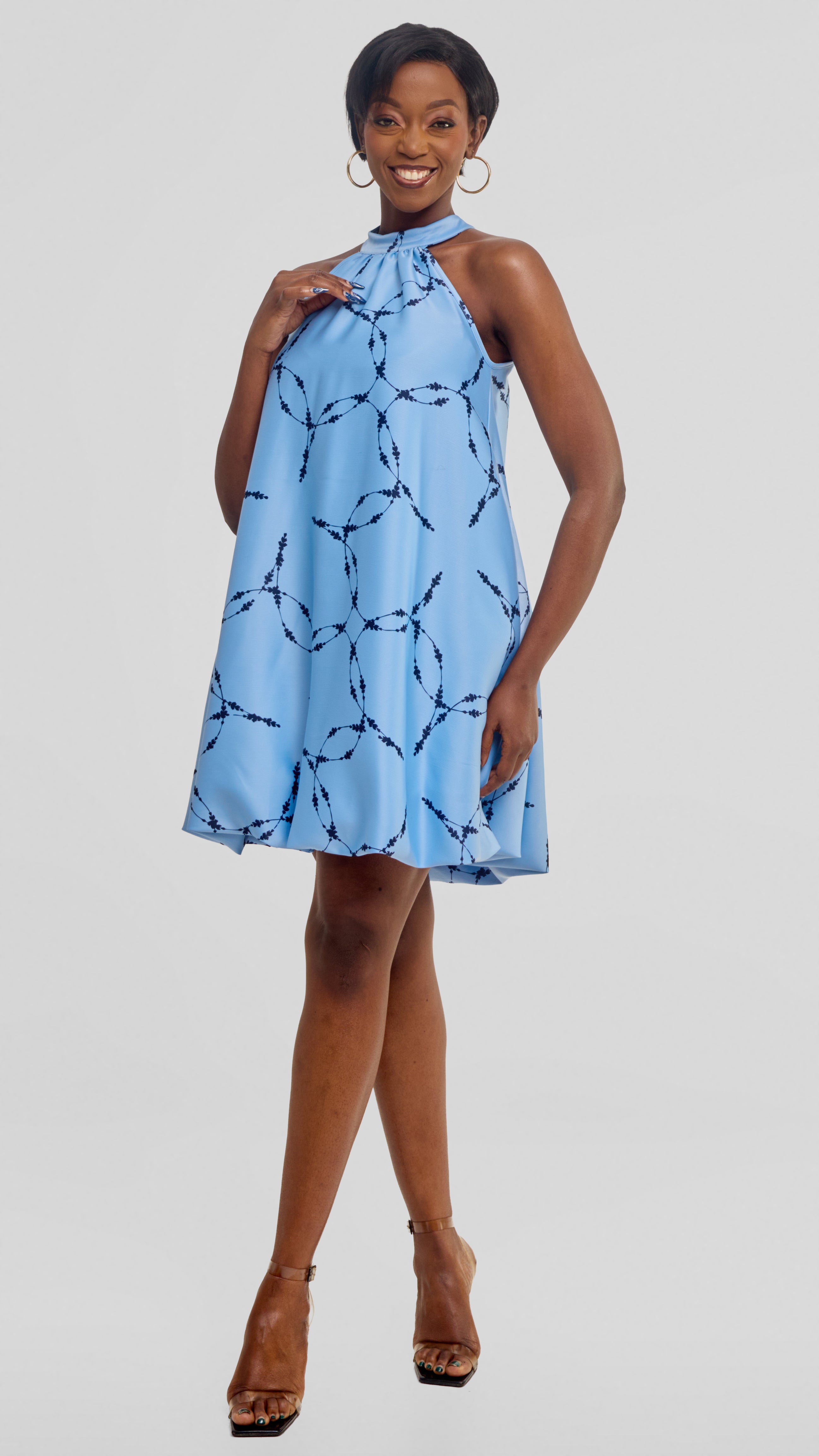 Vivo Iyana Bubble Mini Dress in Satin - Baby Blue / Navy Shina Print 